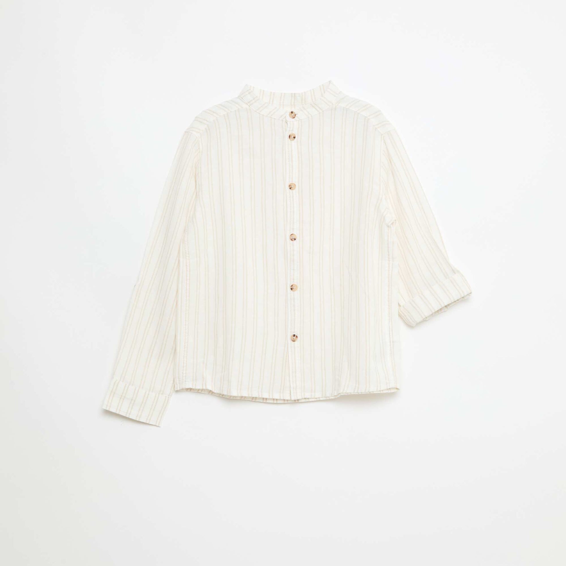 Chemise col mao rayée en coton et lin BEIGE