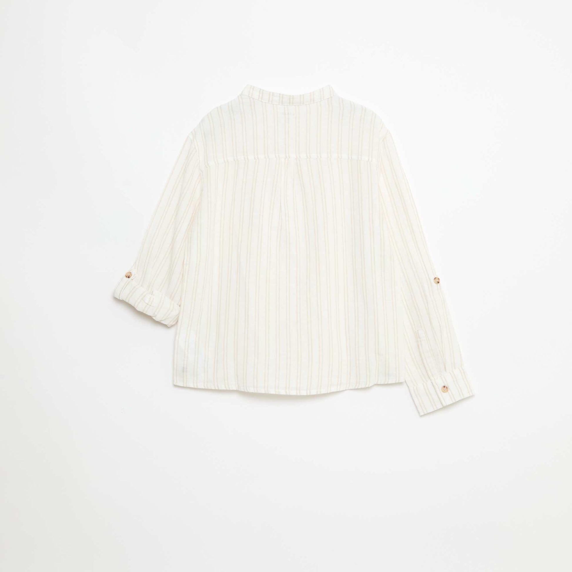 Chemise col mao rayée en coton et lin BEIGE