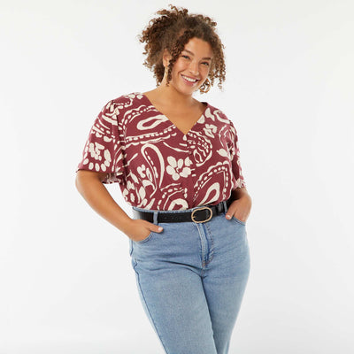 Blouse légère volante manches courtes à motif ROUGE