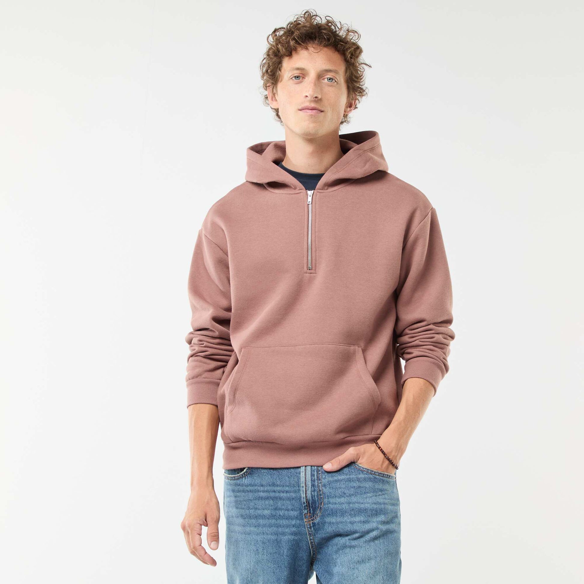 Sweat en molleton à capuche avec ouverture zippée au col MARRON