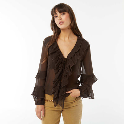 Blouse manches longues volantée MARRON