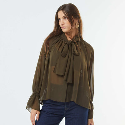 Blouse lavallière fluide avec manches volantées KAKI