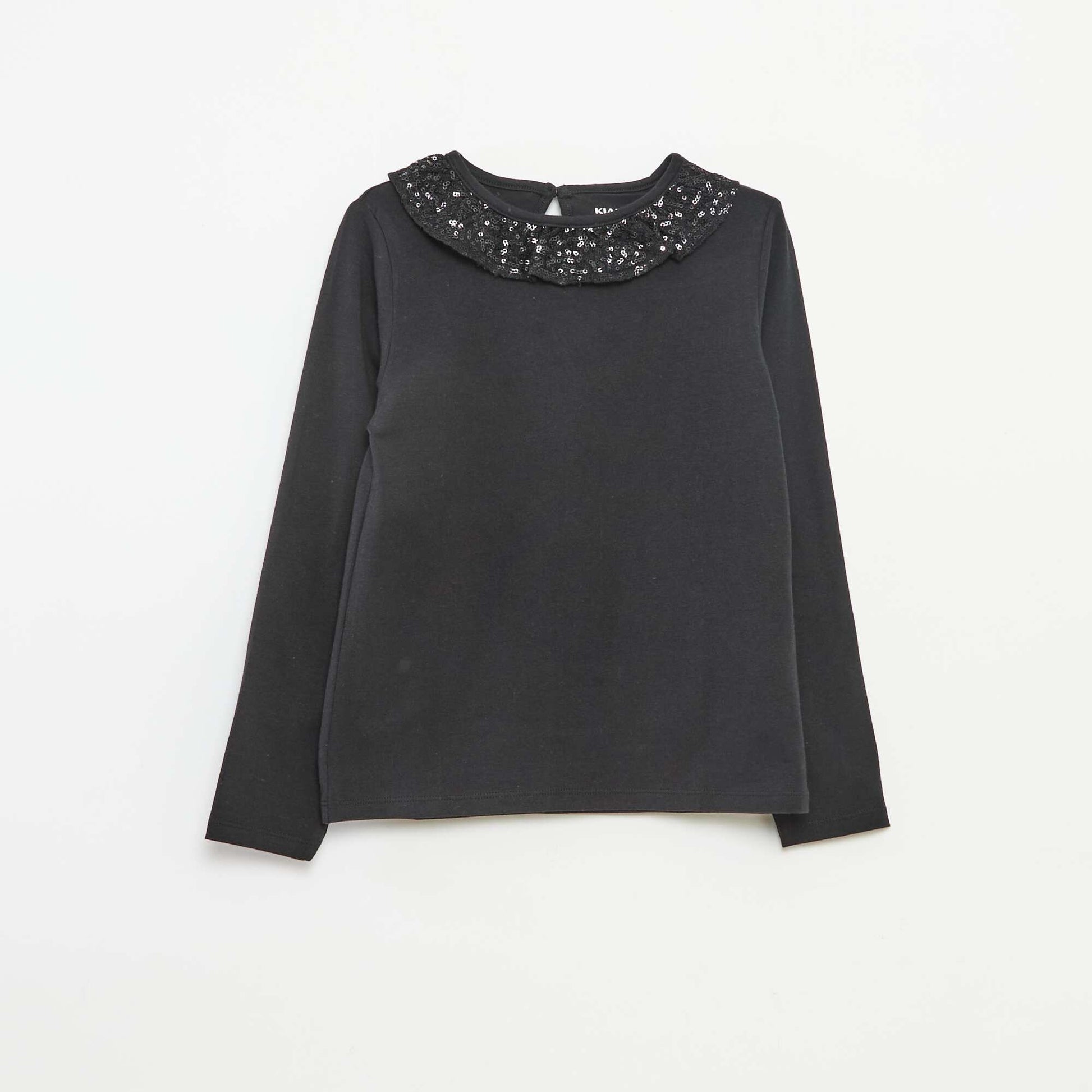 T-shirt grand col volanté avec sequins uni NOIR