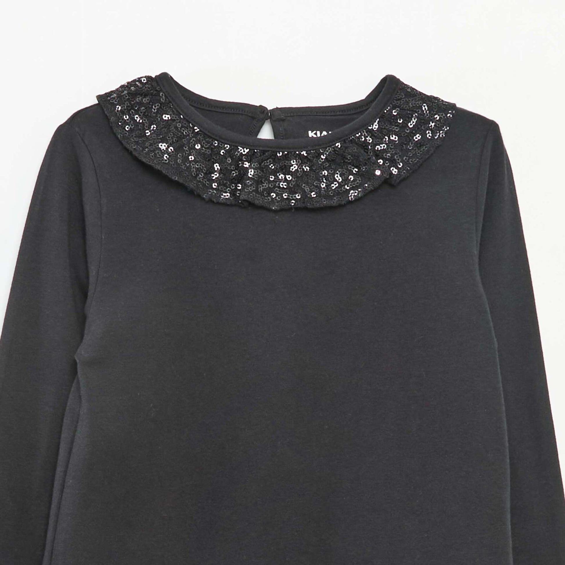 T-shirt grand col volanté avec sequins uni NOIR