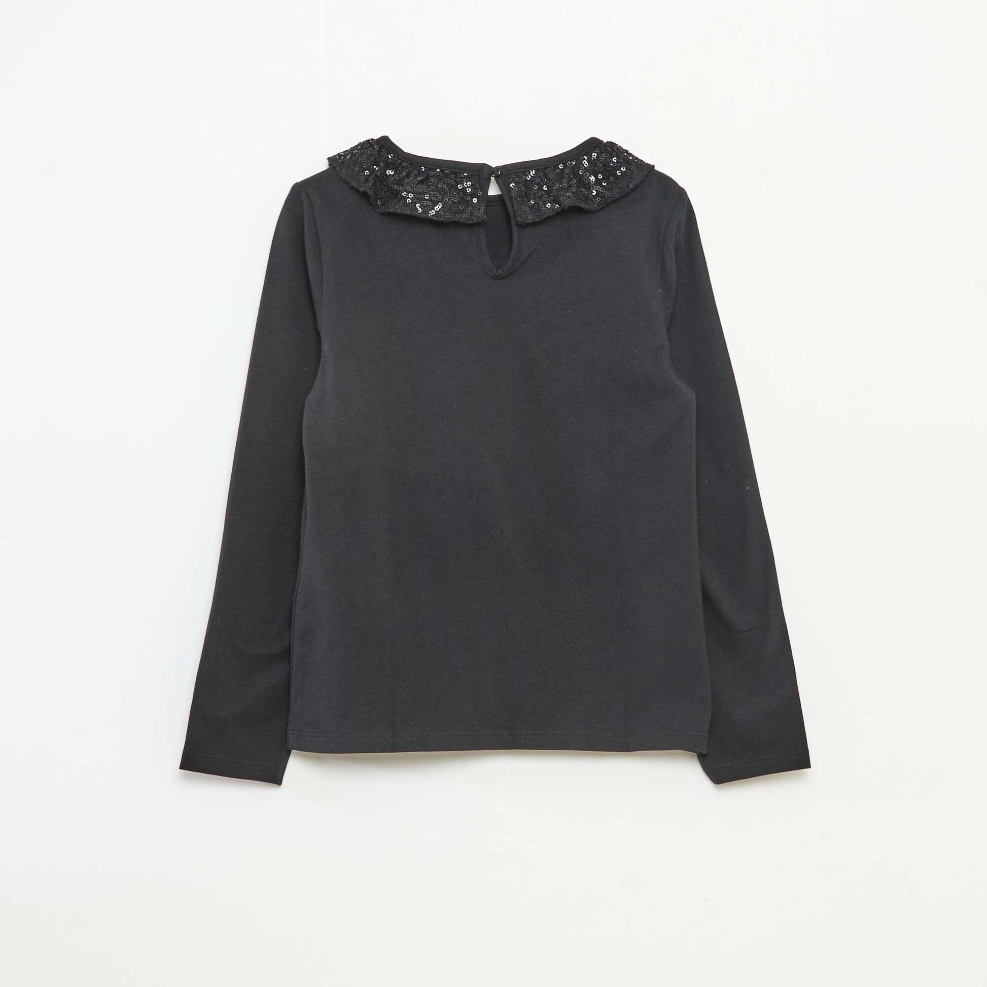 T-shirt grand col volanté avec sequins uni NOIR