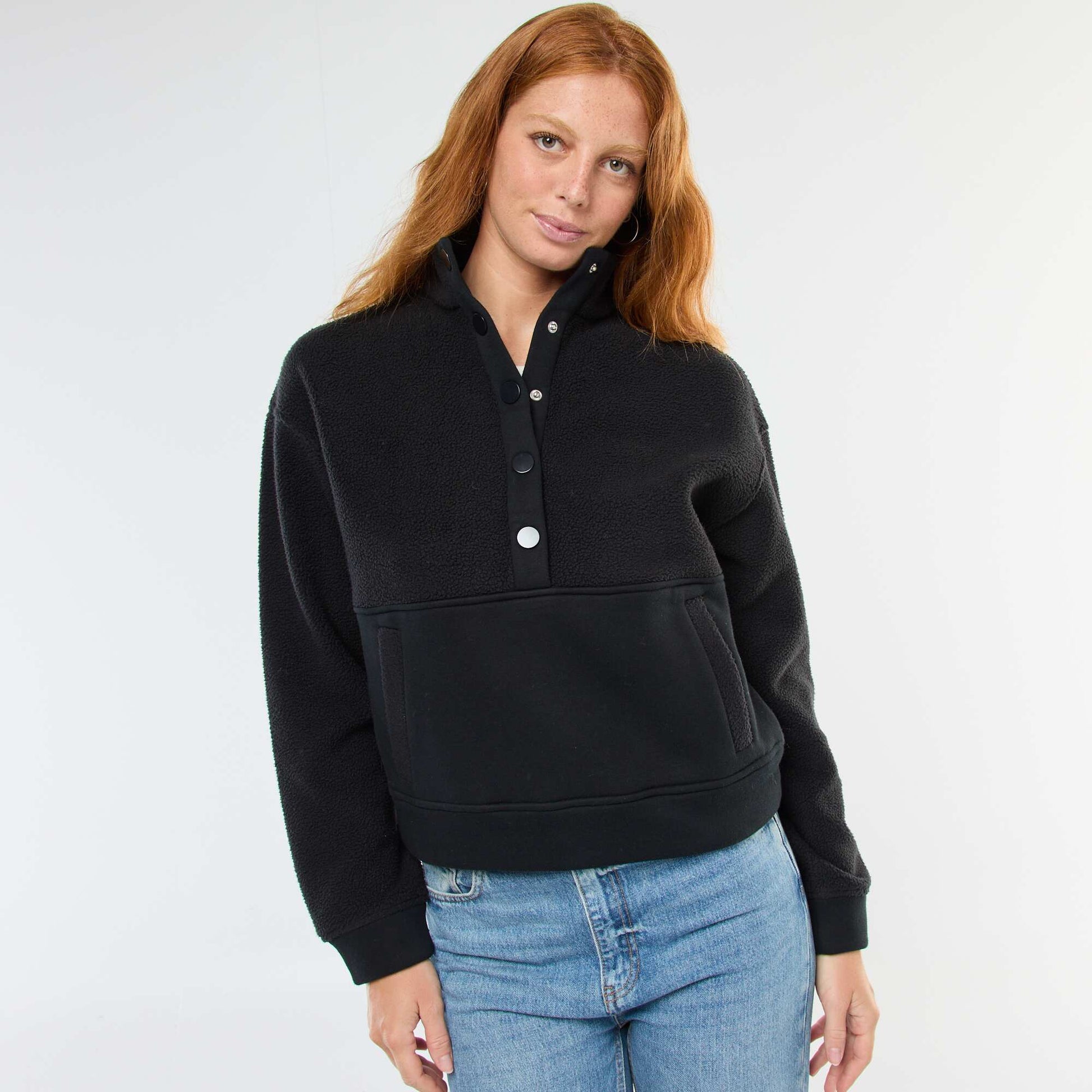 Pull col camionneur en matière effet moutonné NOIR