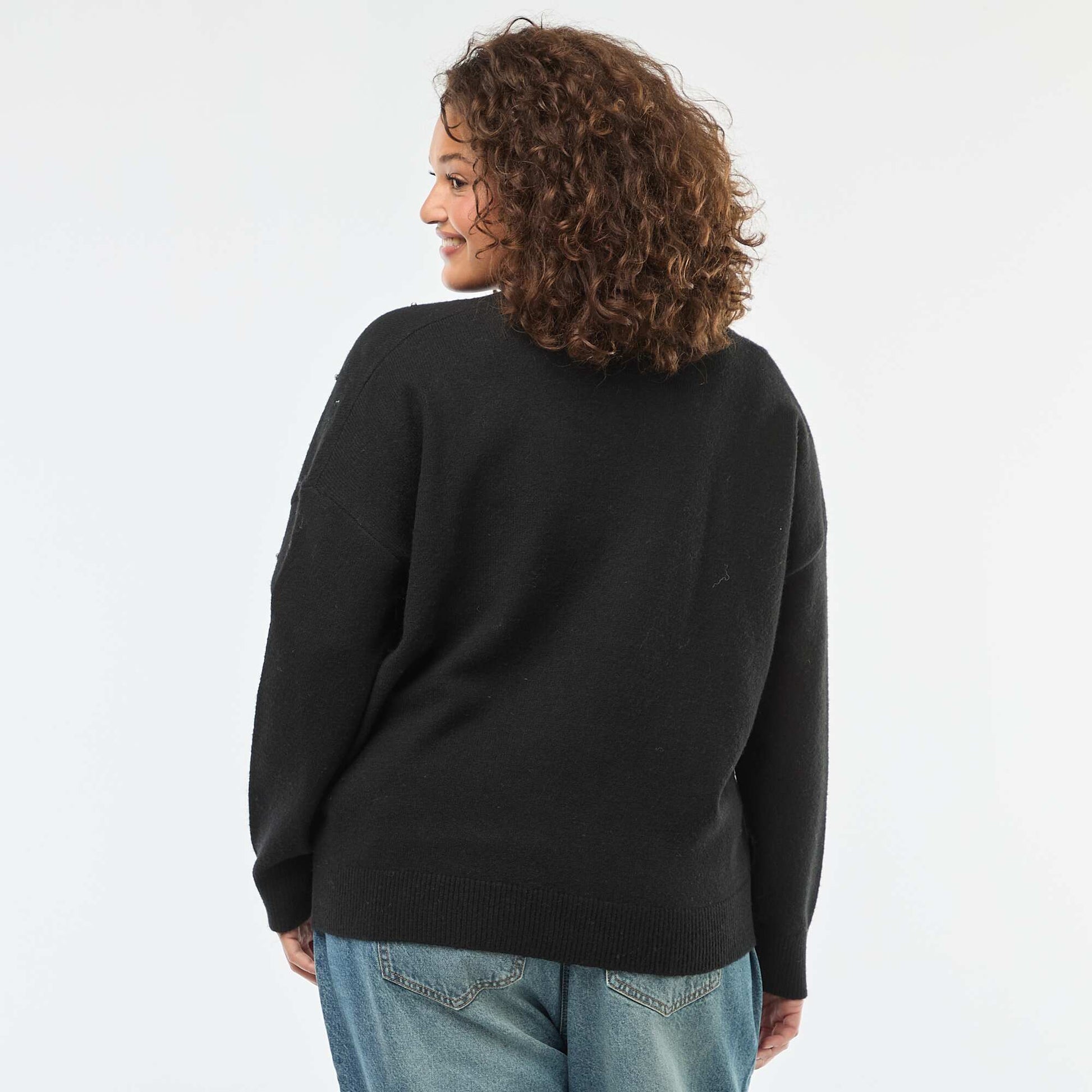 Pull avec col cache-cœur et strass fantaisies NOIR