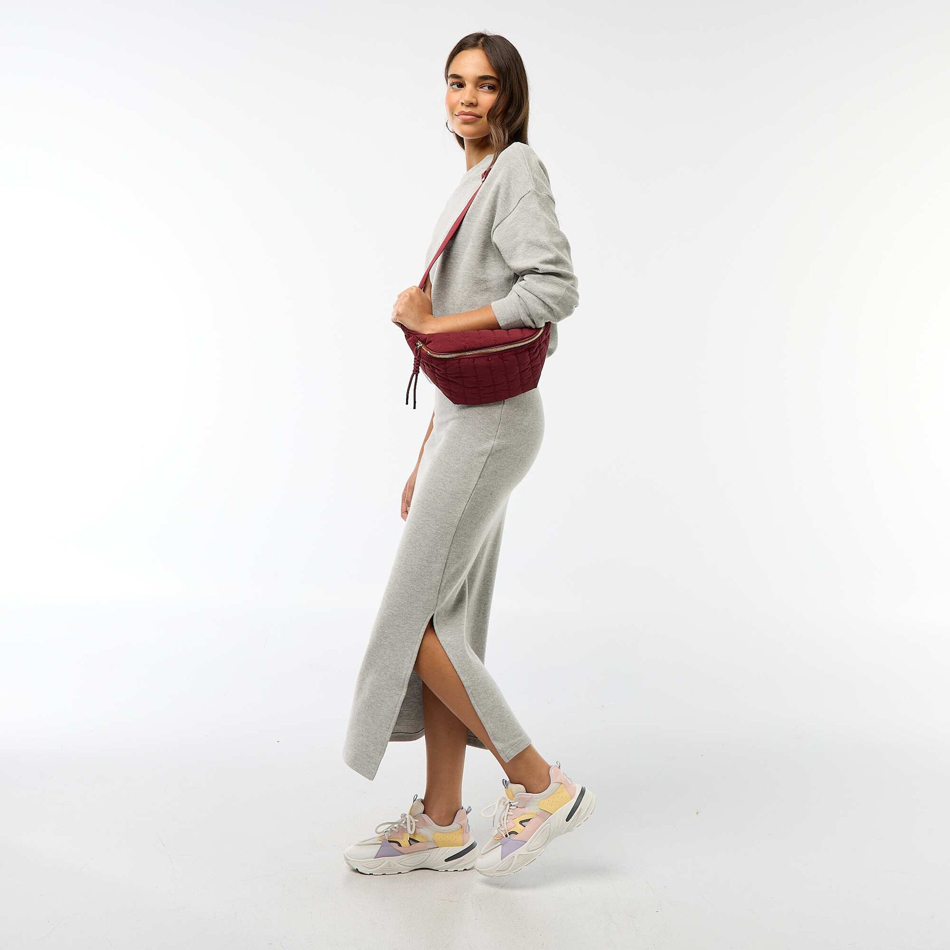 Jupe midi en maille doudou GRIS