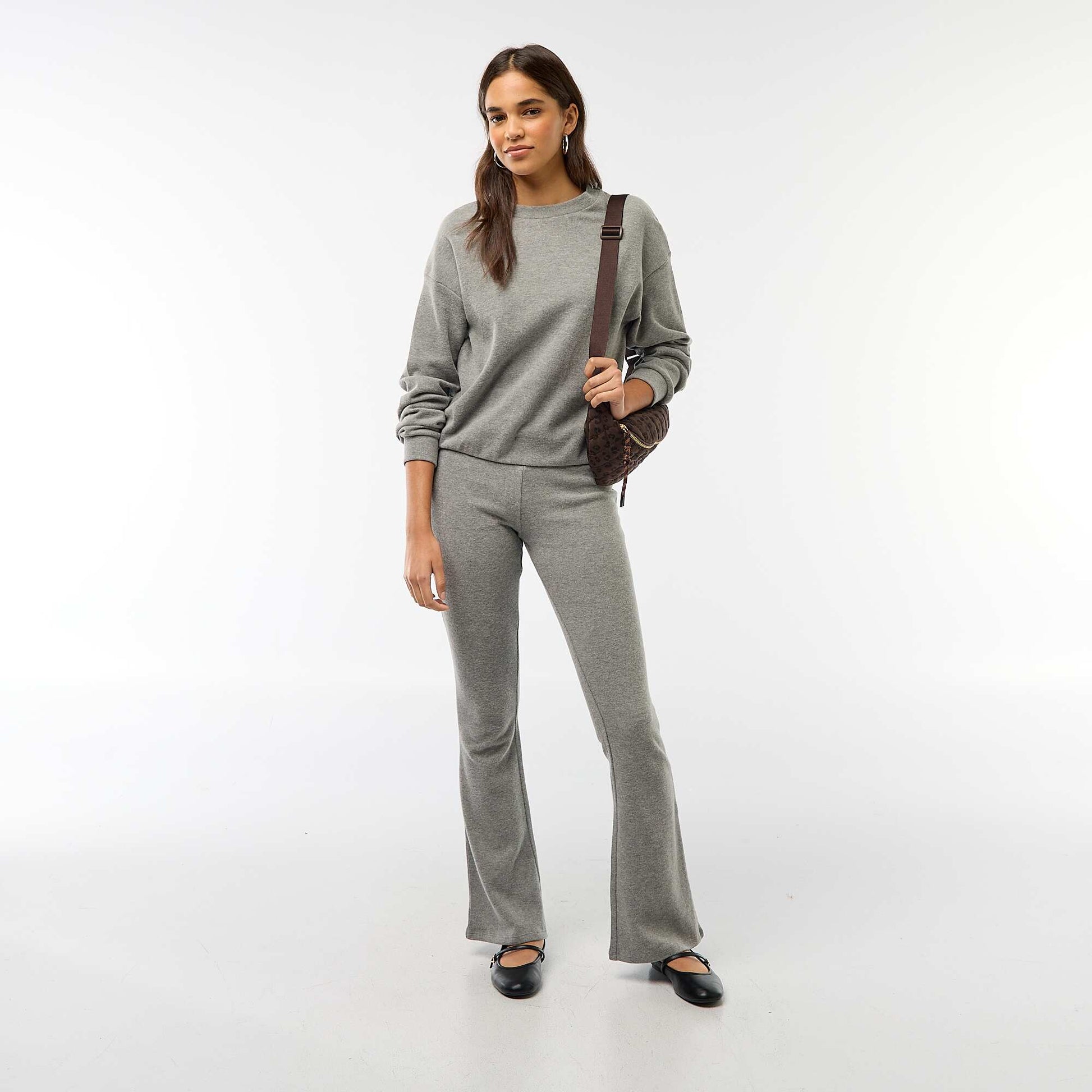 Pantalon flare en coton stretch en maille doudou GRIS