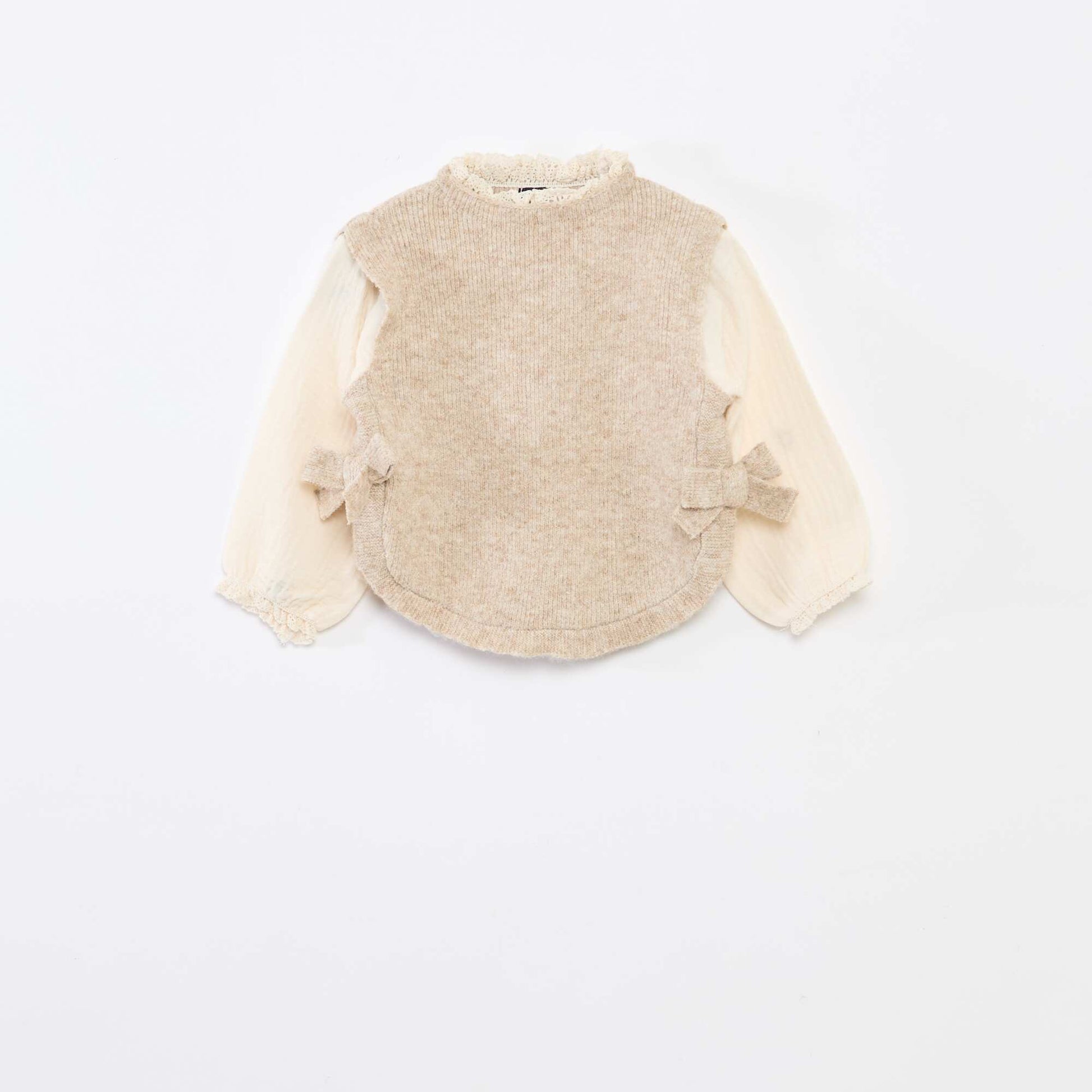 Pull 2 en 1 avec blouse en gaze de coton BEIGE
