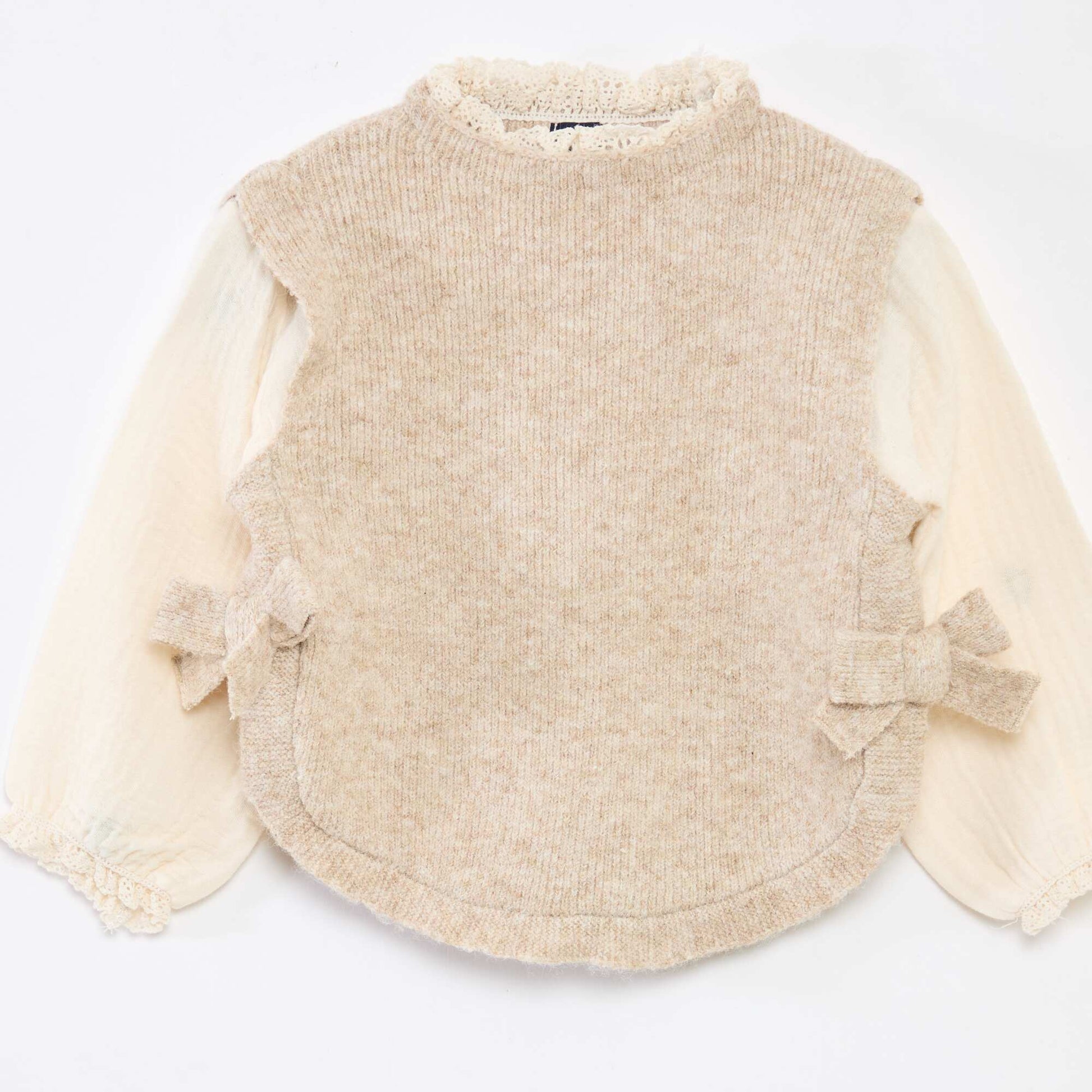 Pull 2 en 1 avec blouse en gaze de coton BEIGE