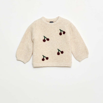 Pull en maille avec motif cerise en relief BEIGE