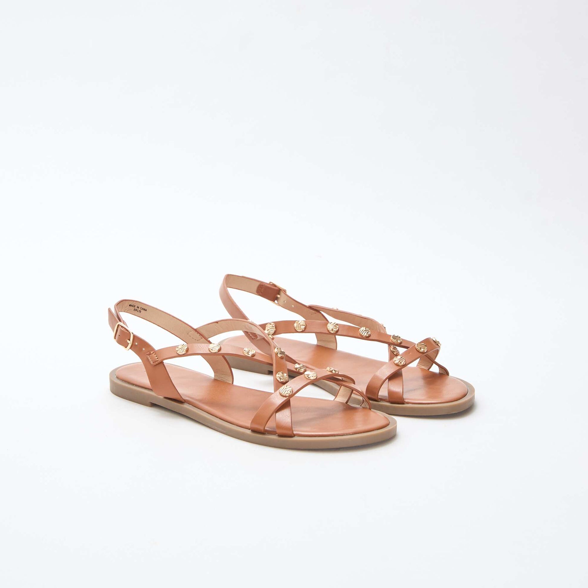 Mules multi-brides à clous brillant MARRON