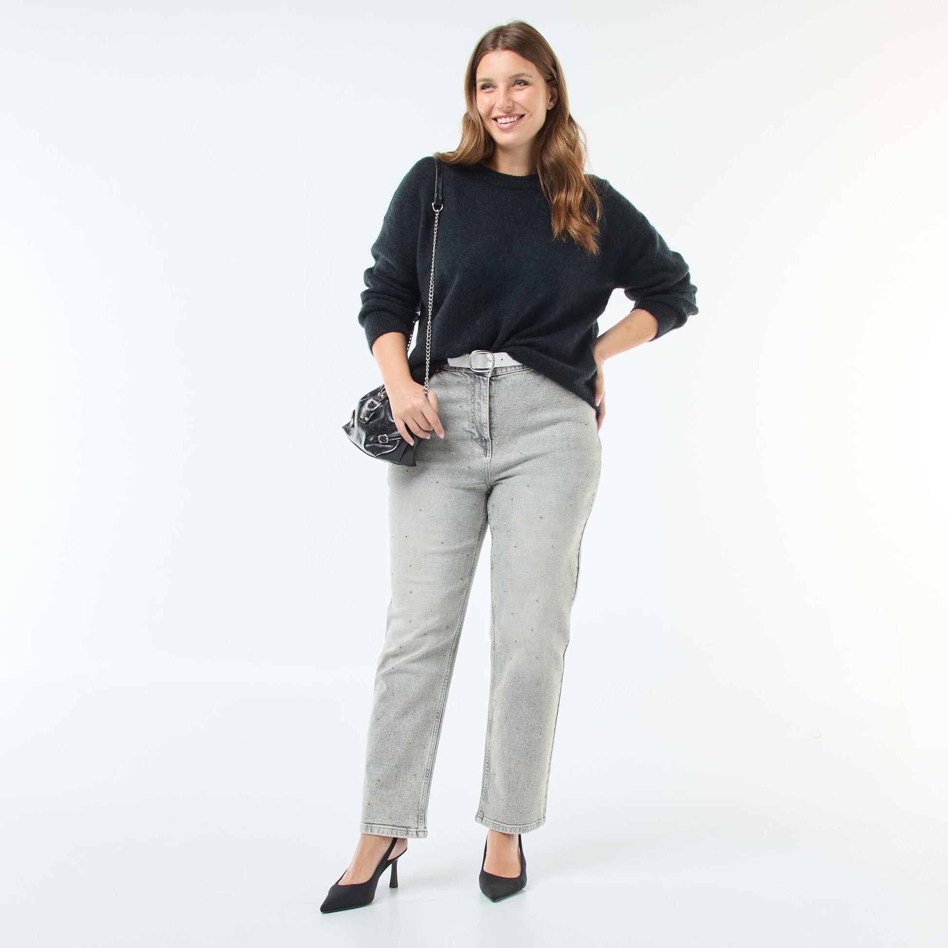 Jean taille haute avec strass GRIS