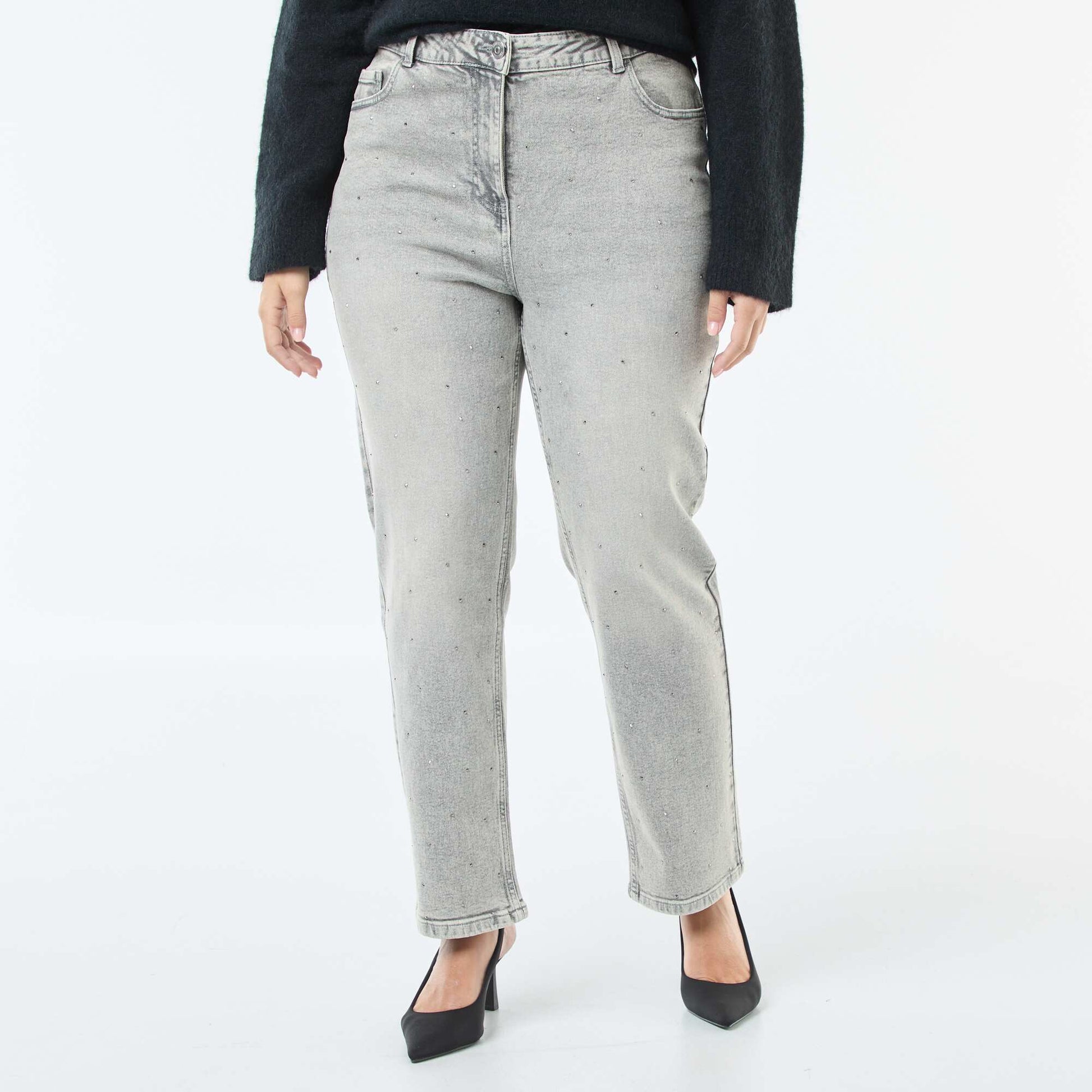 Jean taille haute avec strass GRIS