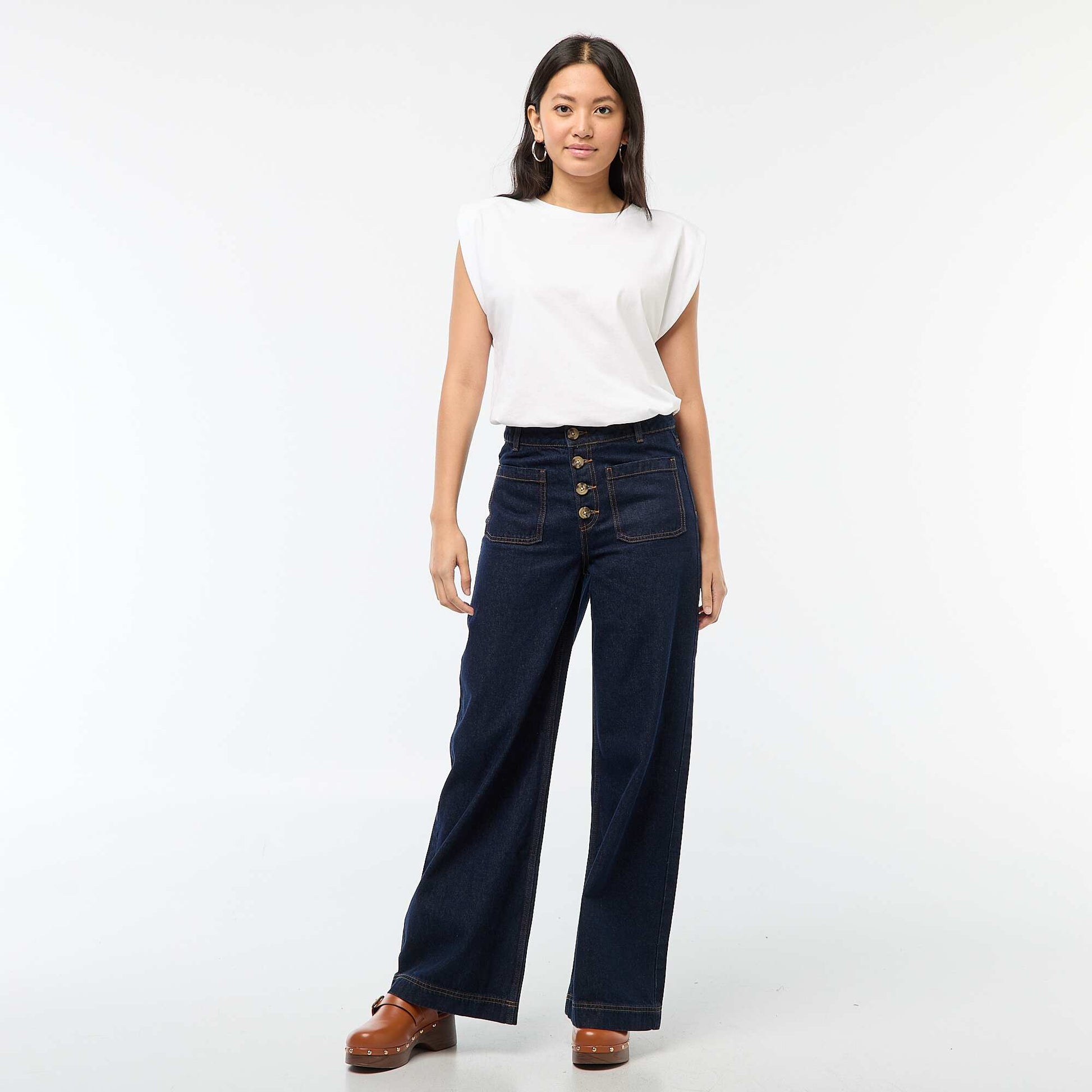 Pantalon denim wide uni BLEU