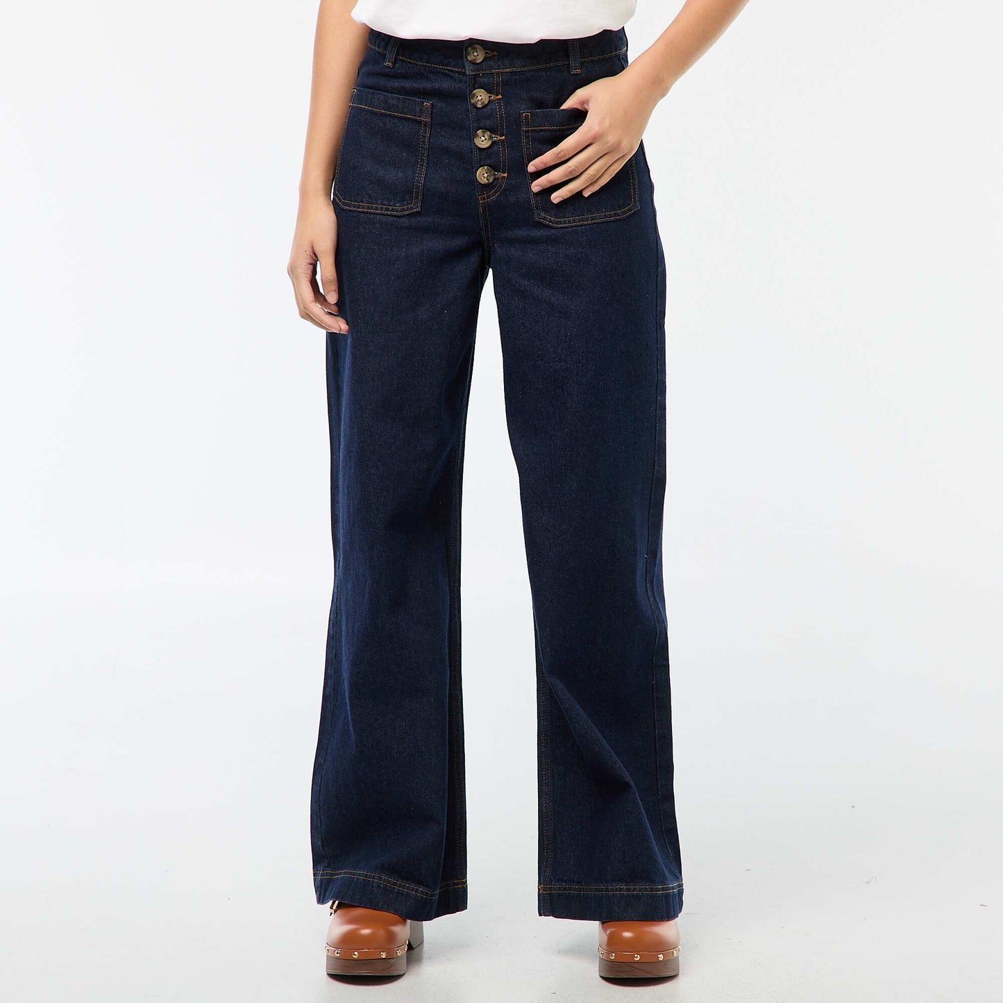 Pantalon denim wide uni BLEU