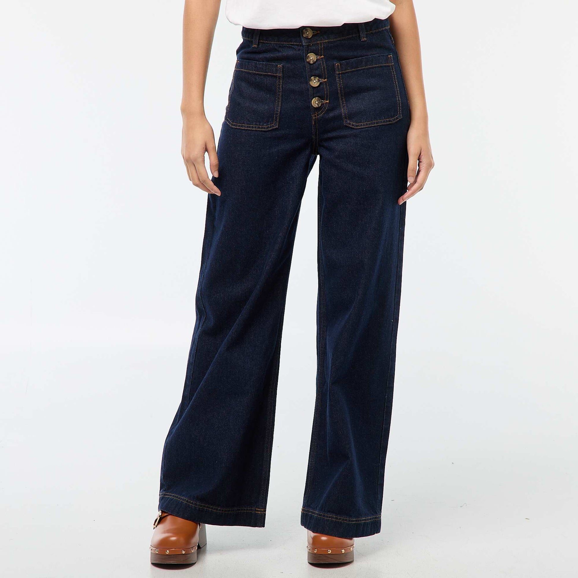 Pantalon denim wide uni BLEU