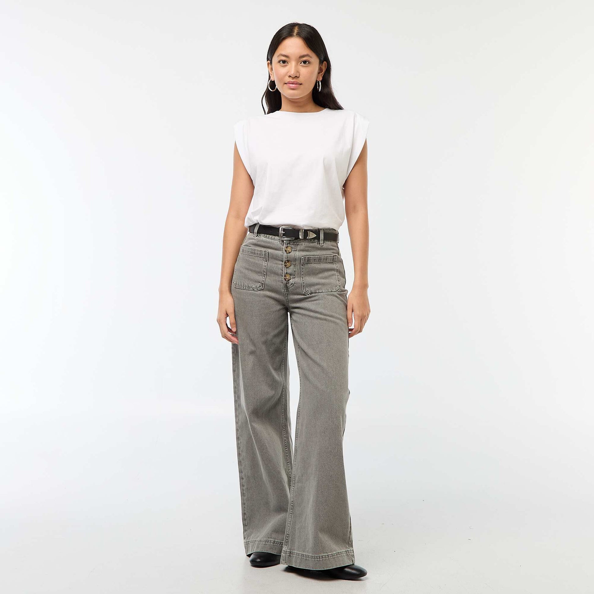 Pantalon denim wide uni GRIS