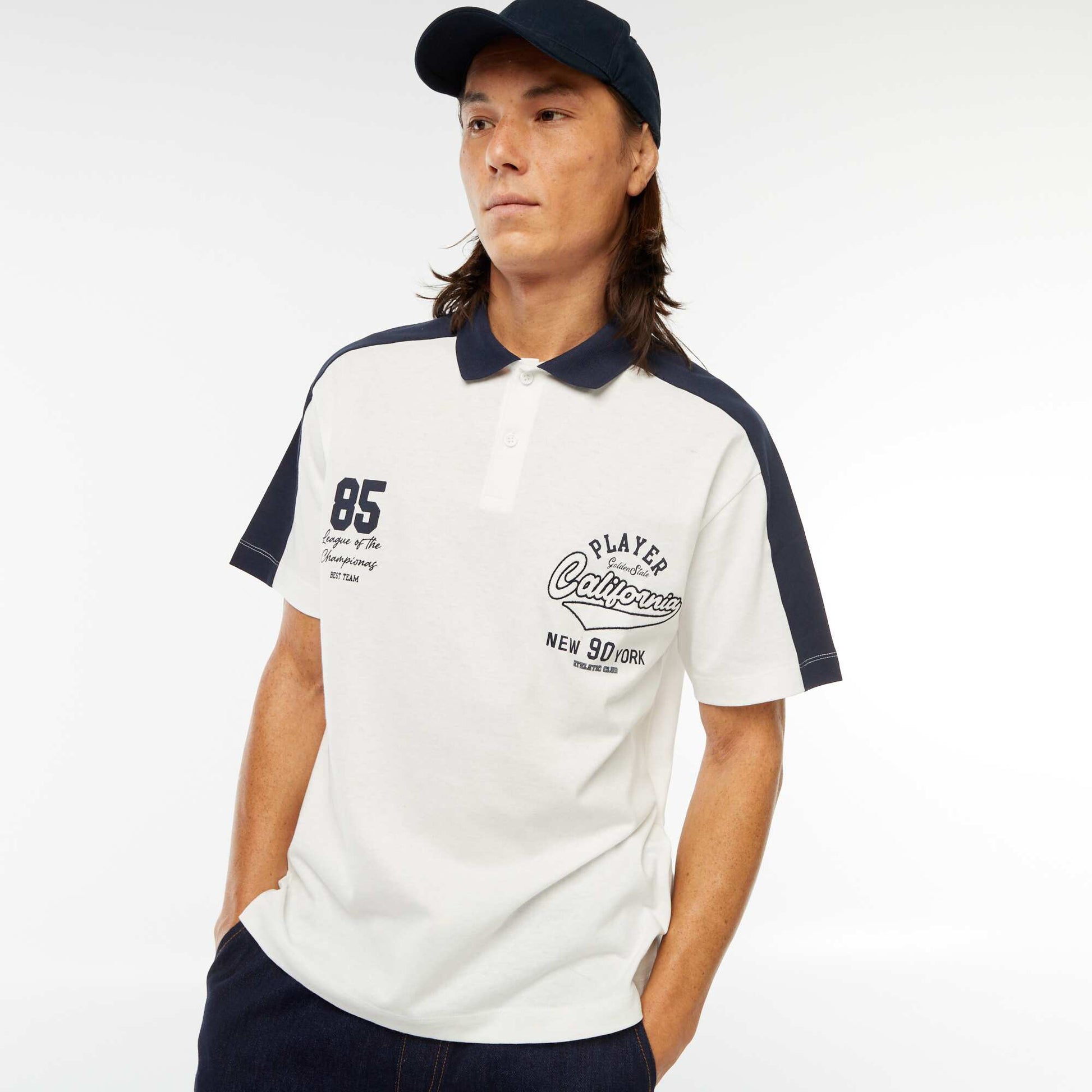 Polo en coton style équipe de baseball américaine BLANC