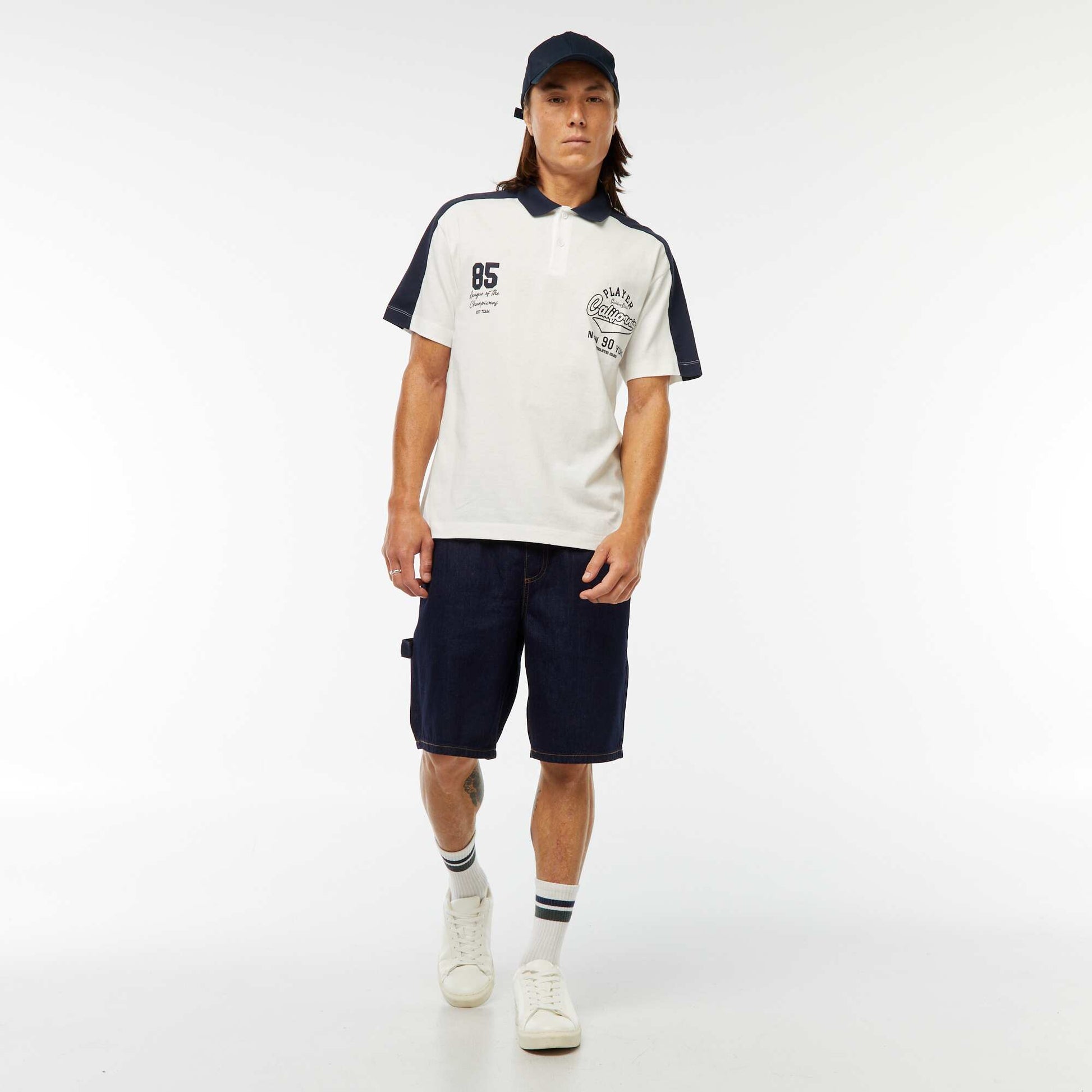 Polo en coton style équipe de baseball américaine BLANC