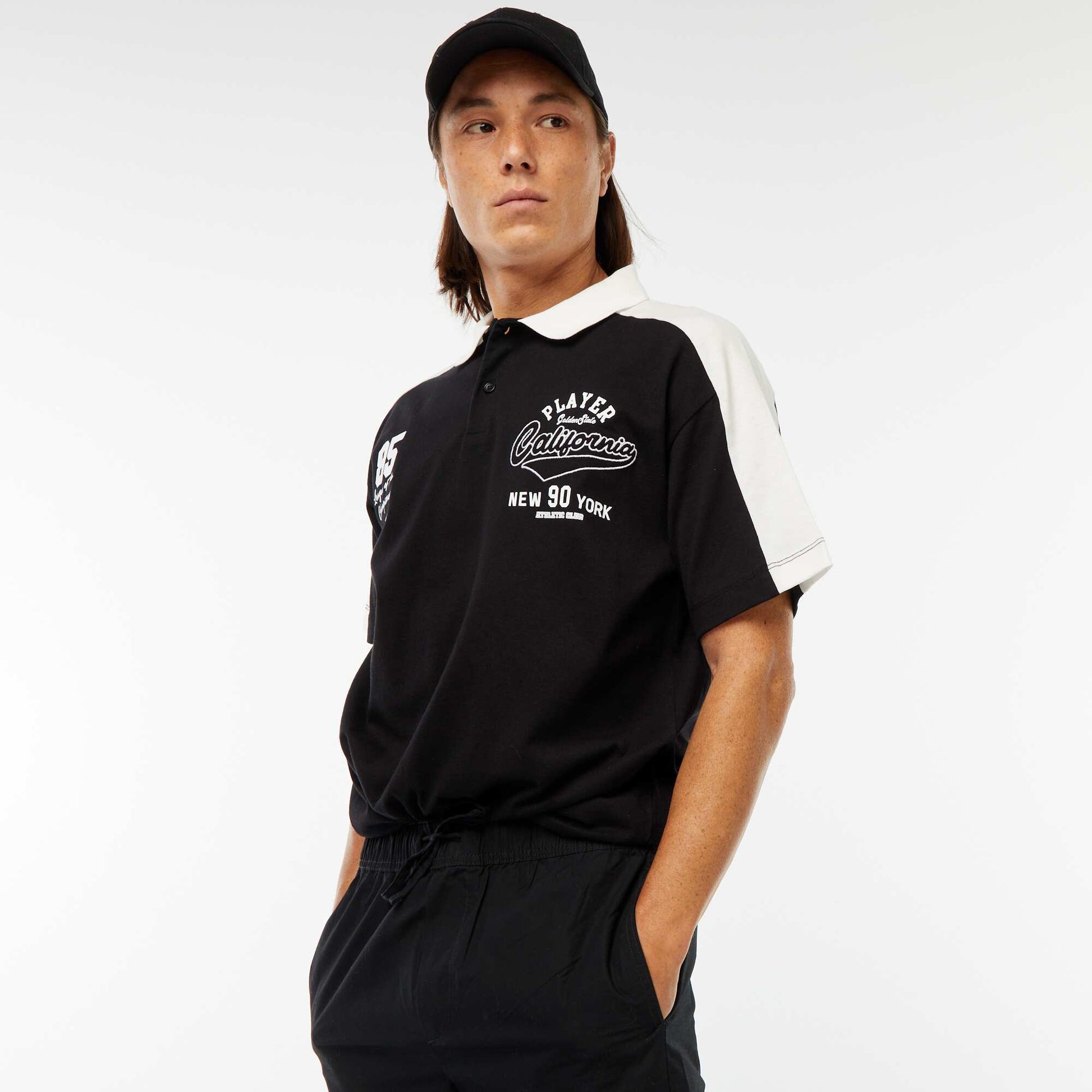 Polo en coton style équipe de baseball américaine NOIR