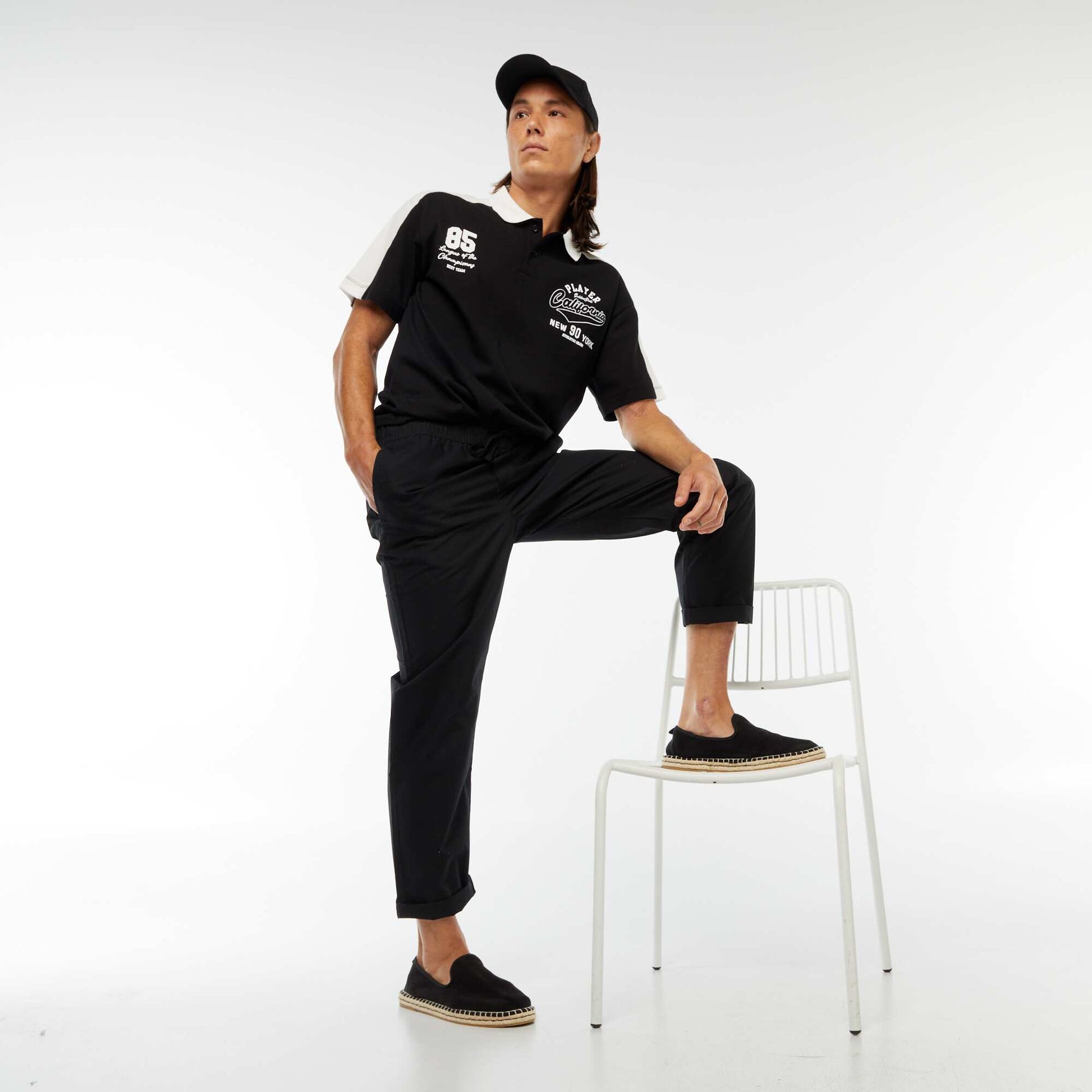 Polo en coton style équipe de baseball américaine NOIR