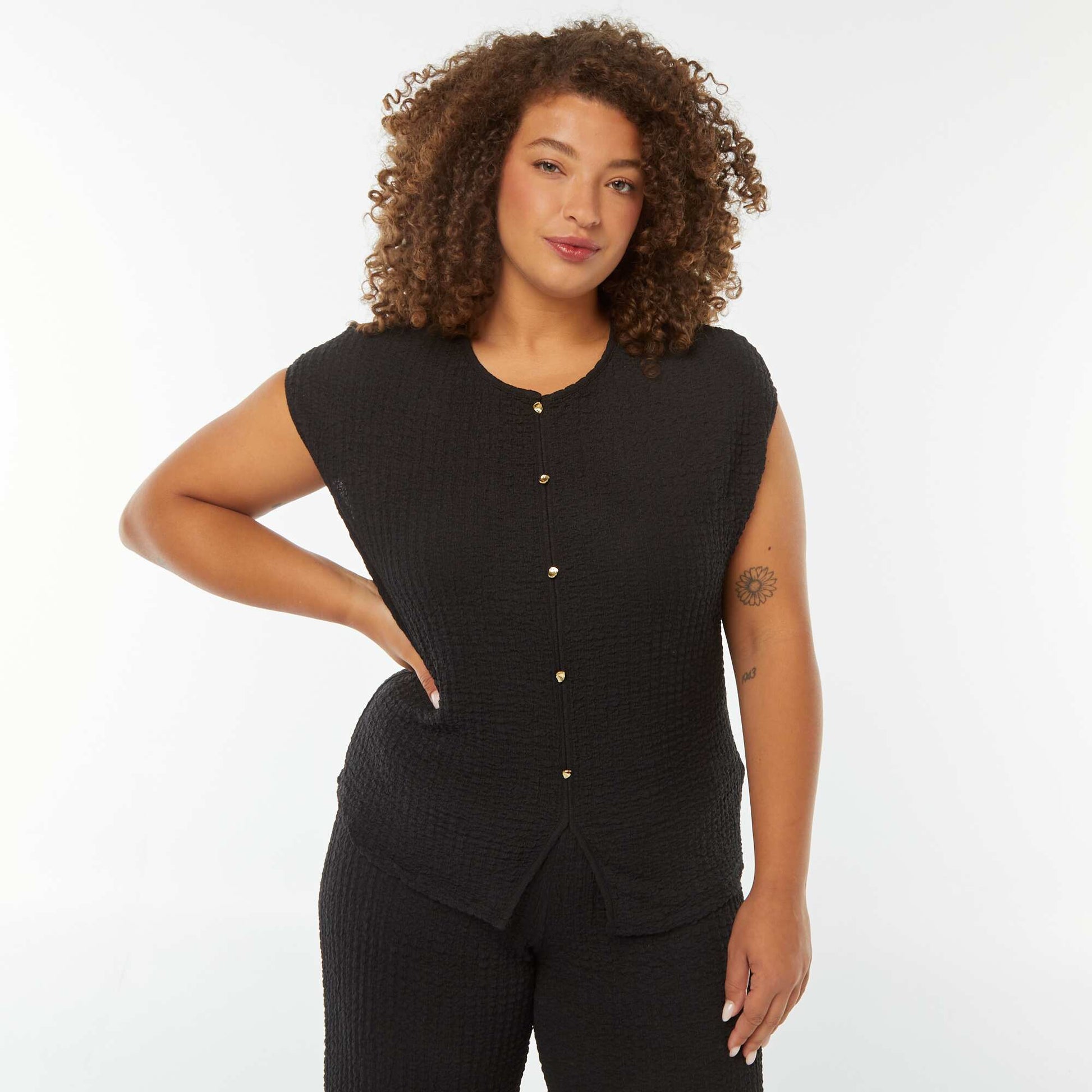 T-shirt en maille gaufrée sans manches NOIR