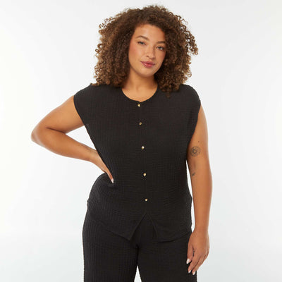T-shirt en maille gaufrée sans manches NOIR