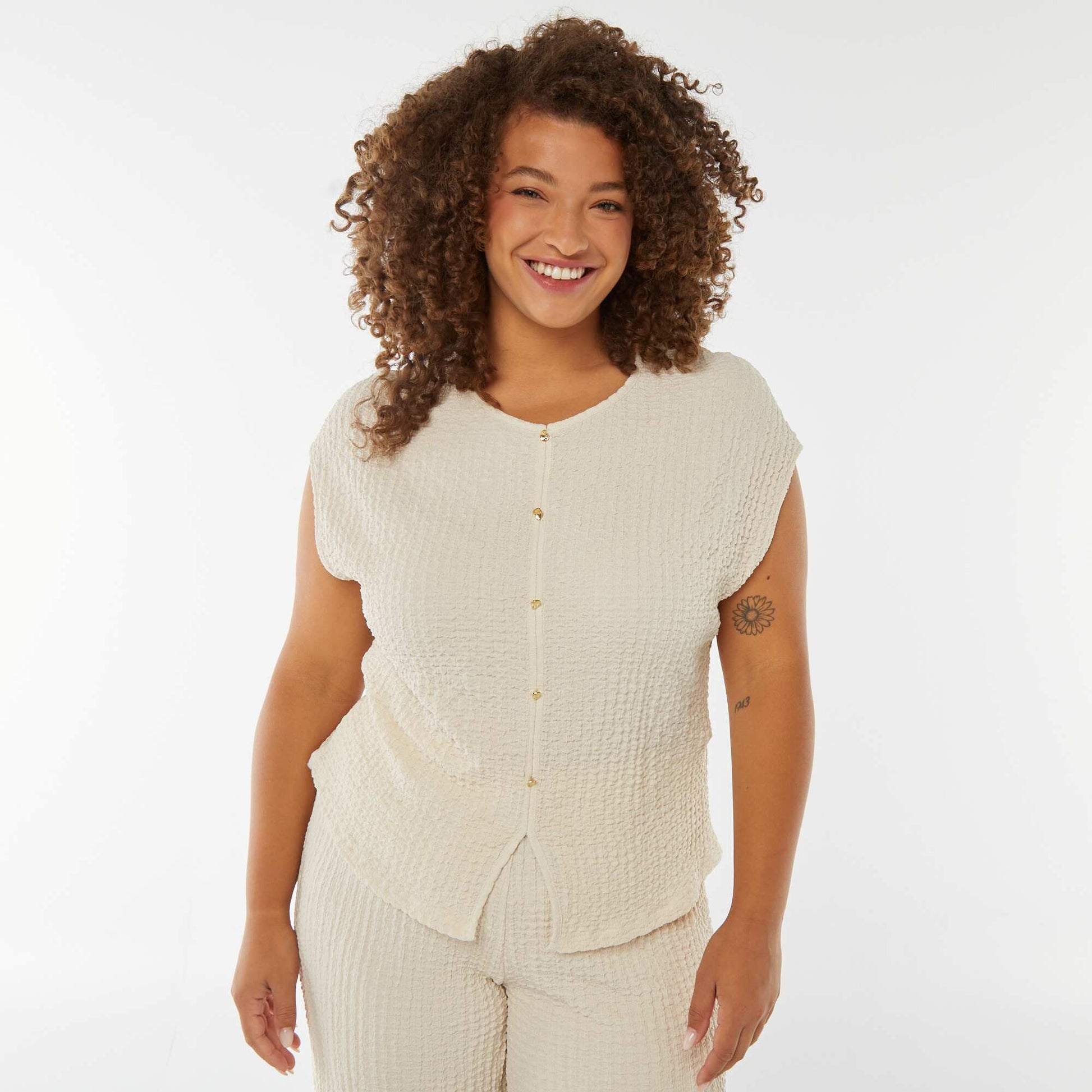 T-shirt en maille gaufrée sans manches BEIGE