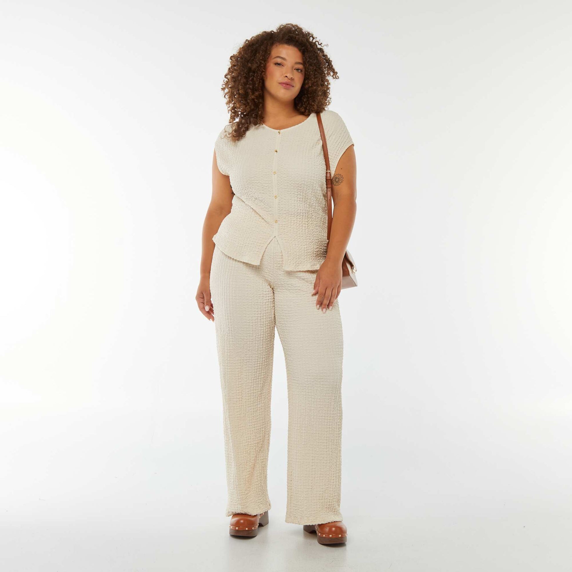 T-shirt en maille gaufrée sans manches BEIGE
