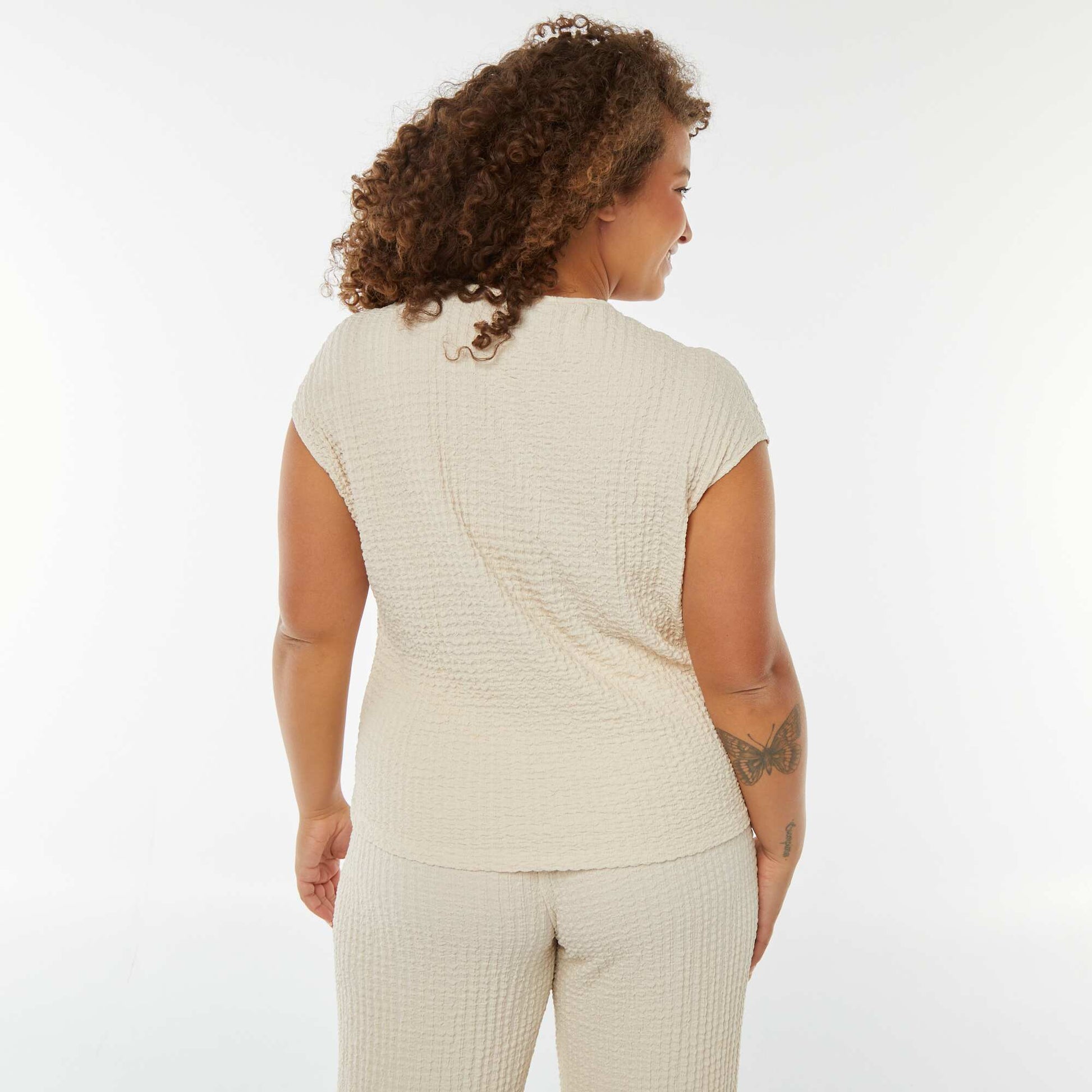 T-shirt en maille gaufrée sans manches BEIGE
