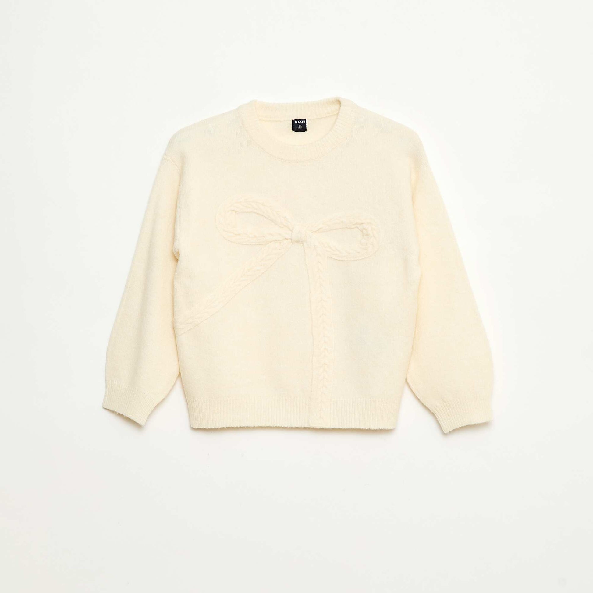 Pull en maille avec nœud en maille torsade devant BLANC