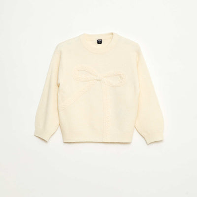 Pull en maille avec nœud en maille torsade devant BLANC