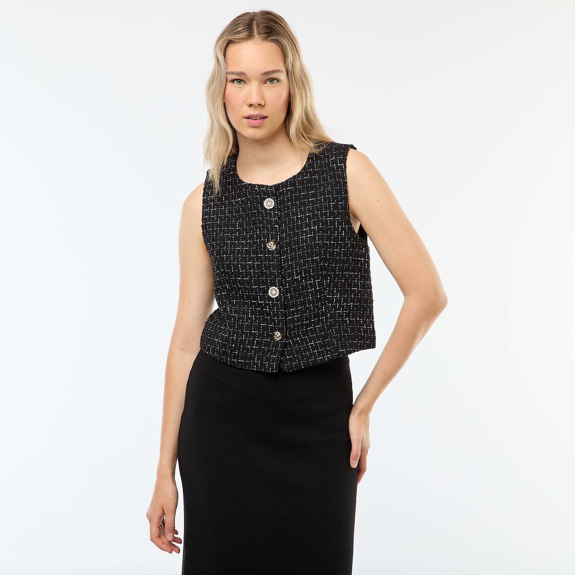 Gilet sans manches en tweed avec boutons fantaisies NOIR