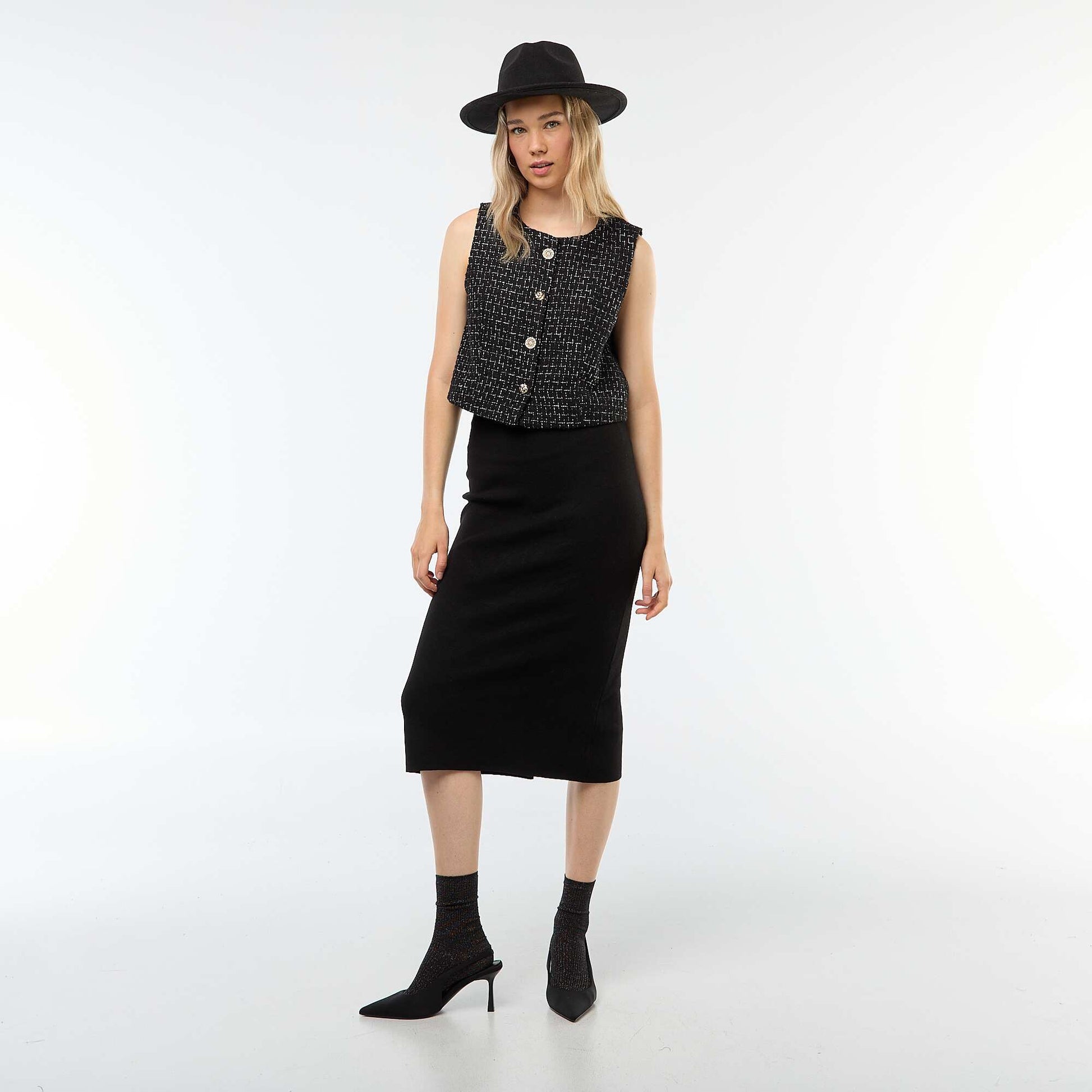 Gilet sans manches en tweed avec boutons fantaisies NOIR