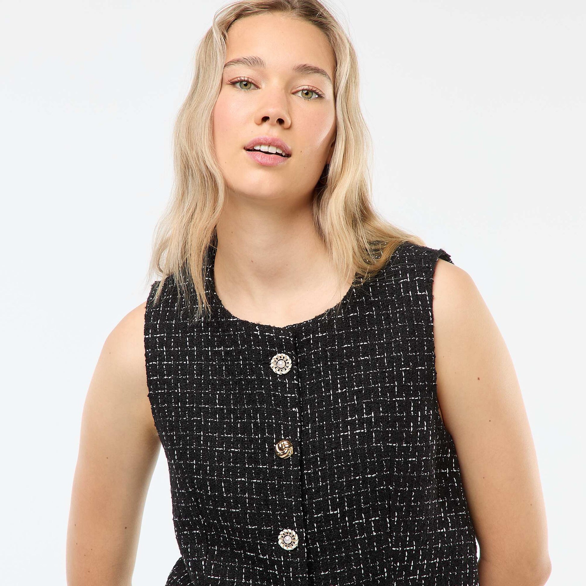 Gilet sans manches en tweed avec boutons fantaisies NOIR