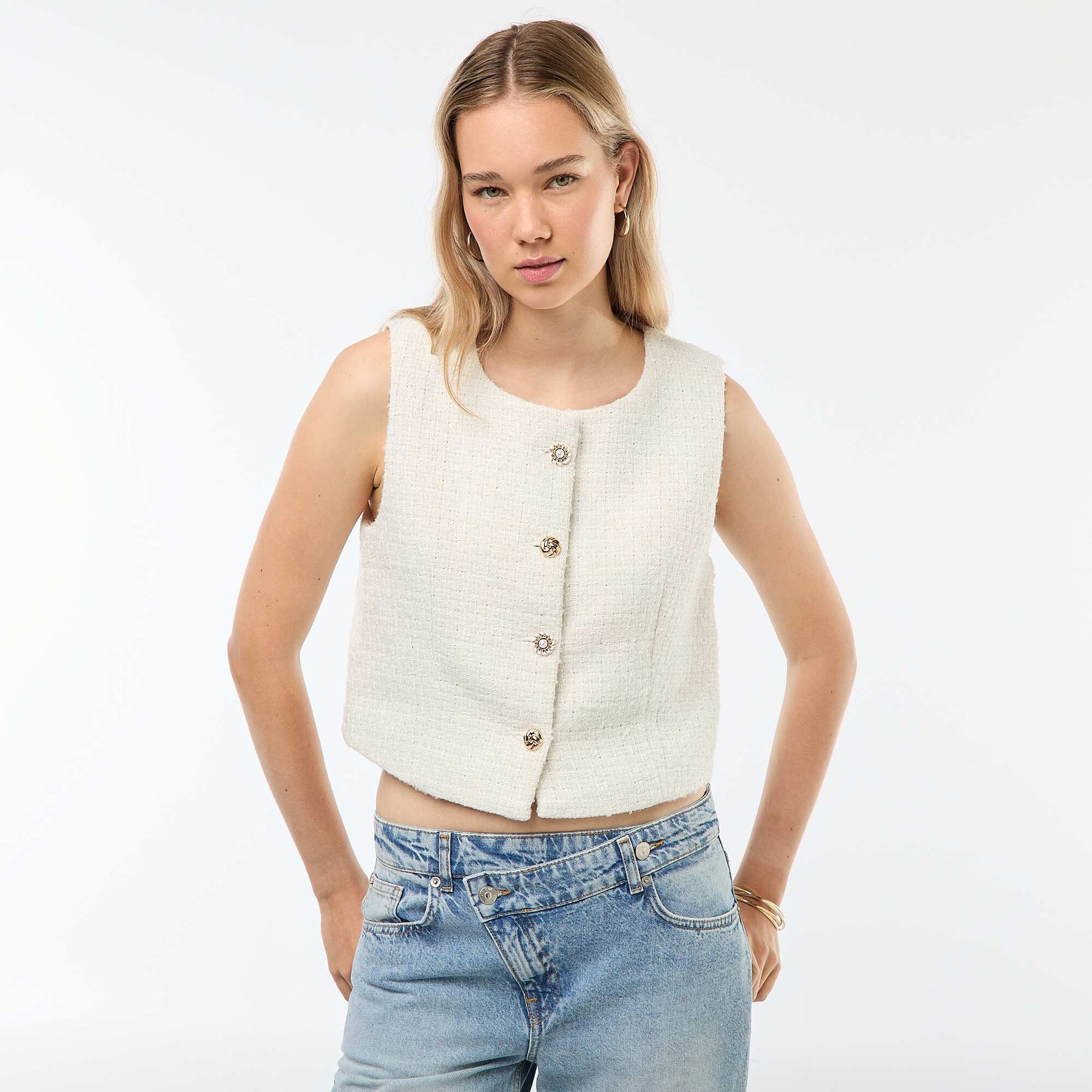 Gilet sans manches en tweed avec boutons fantaisies BEIGE