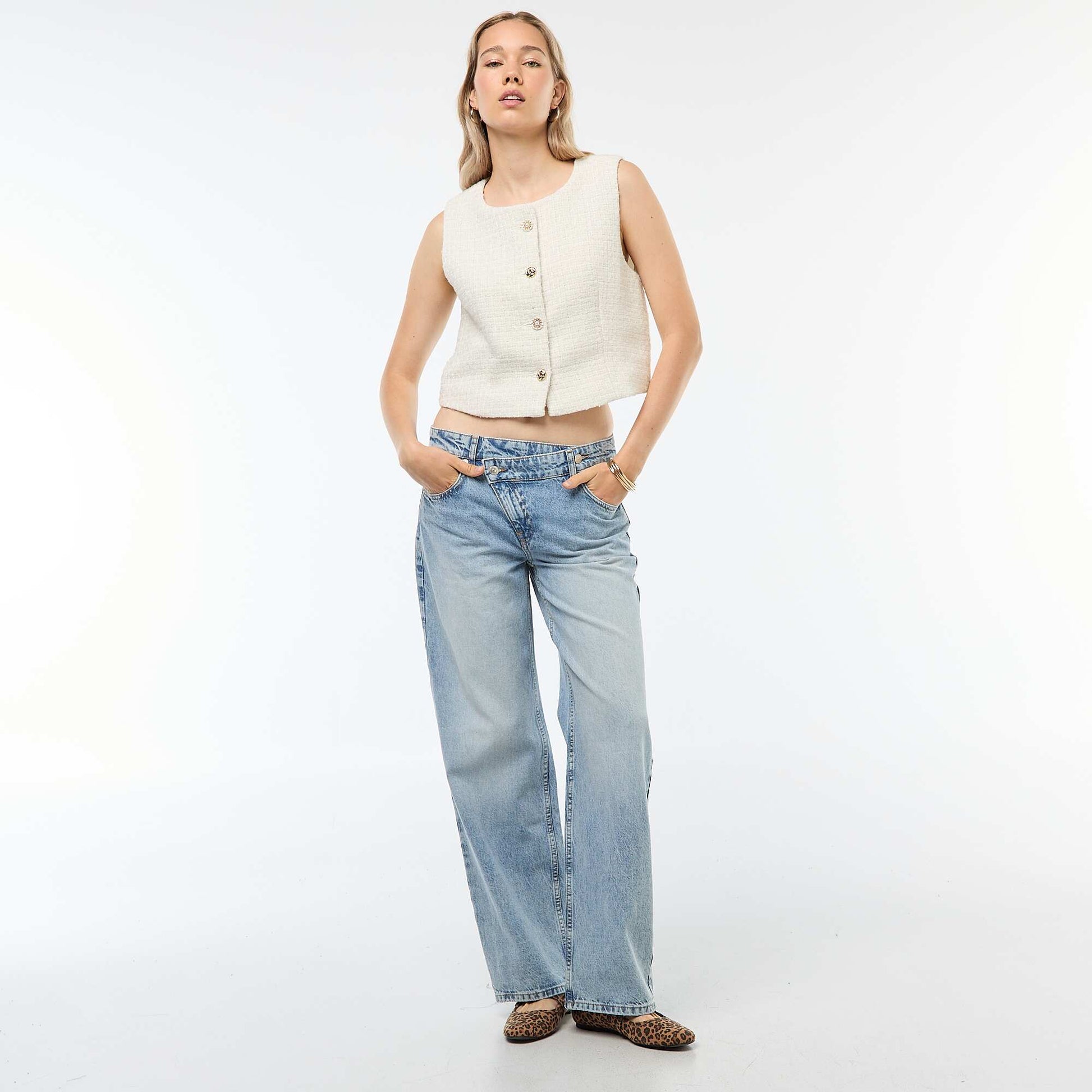 Gilet sans manches en tweed avec boutons fantaisies BEIGE