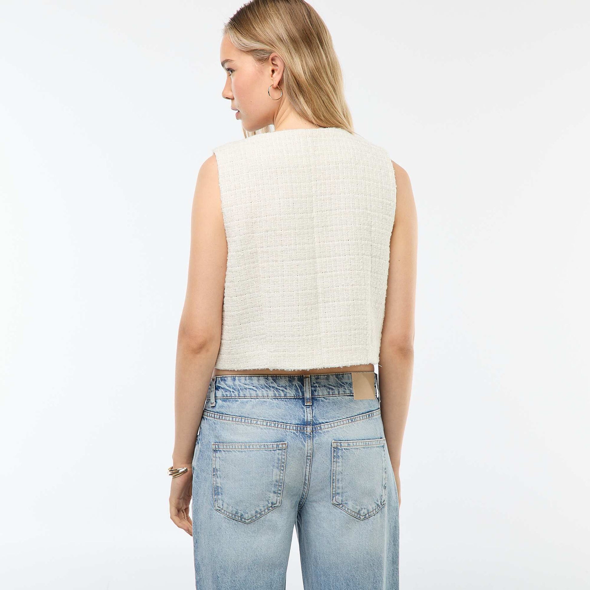 Gilet sans manches en tweed avec boutons fantaisies BEIGE