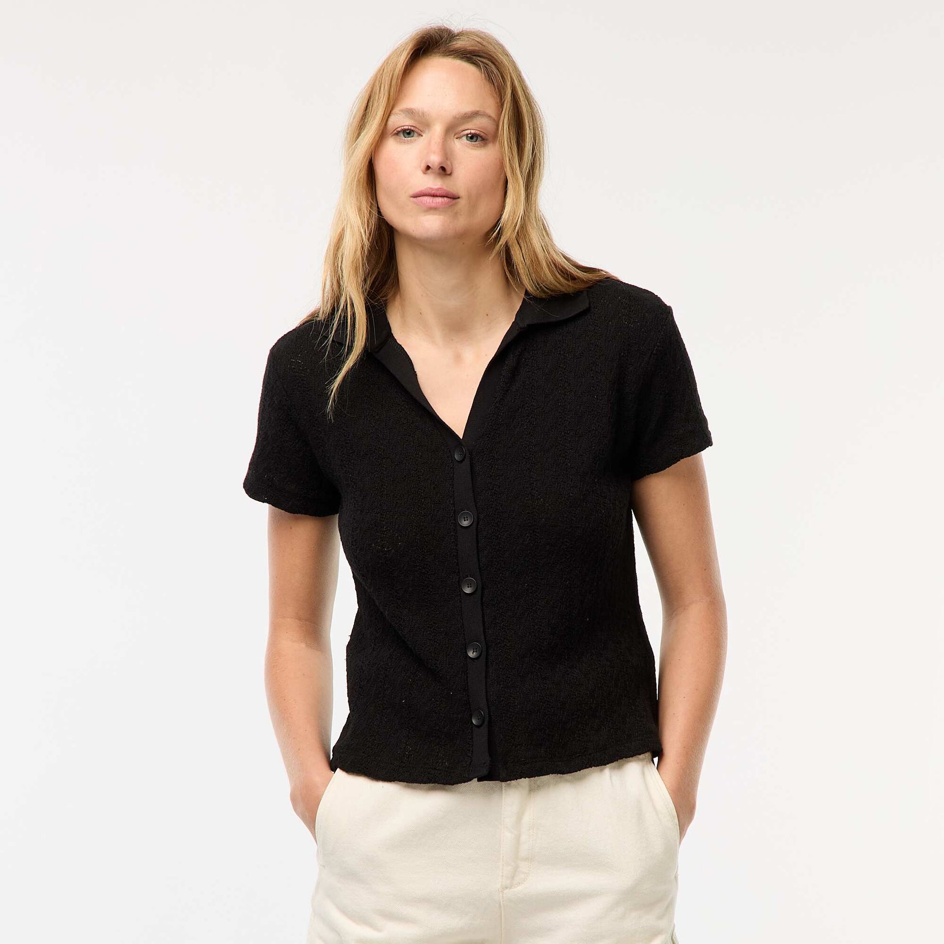 Tee-shirt col polo maille crochet NOIR