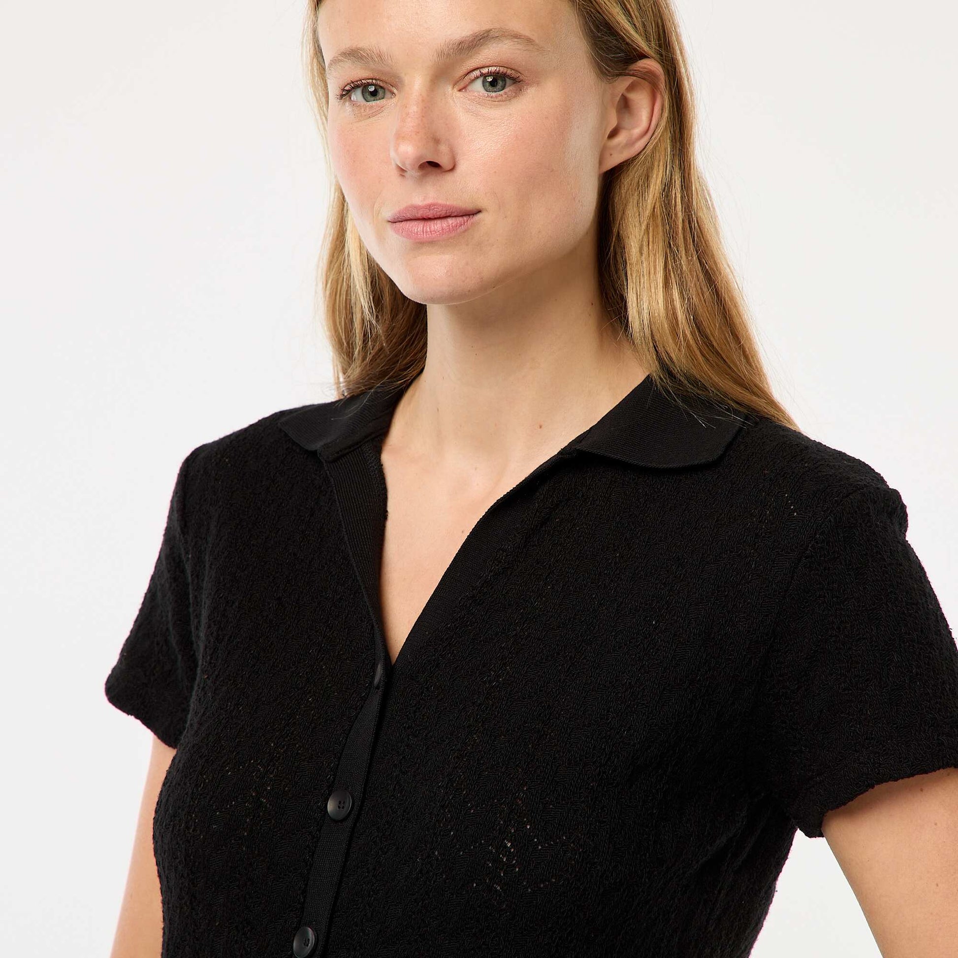 Tee-shirt col polo maille crochet NOIR