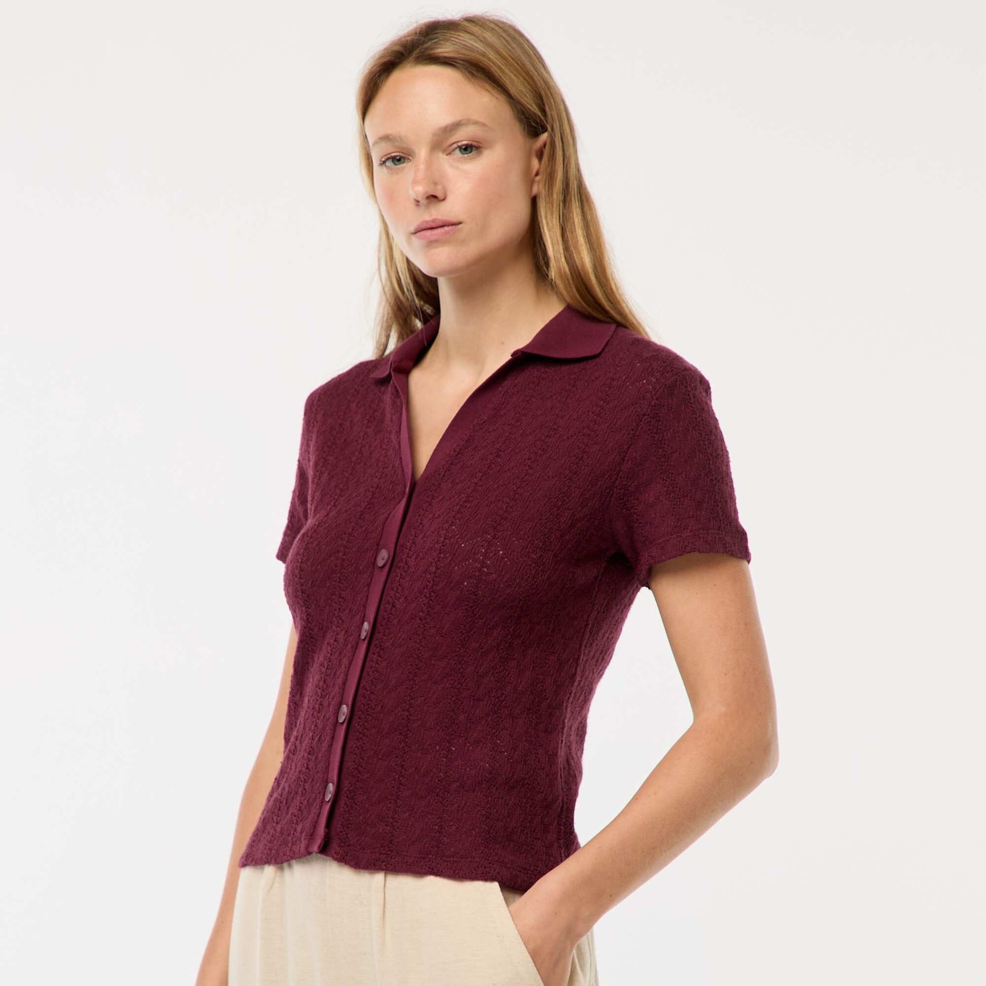 Tee-shirt col polo maille crochet BORDEAUX