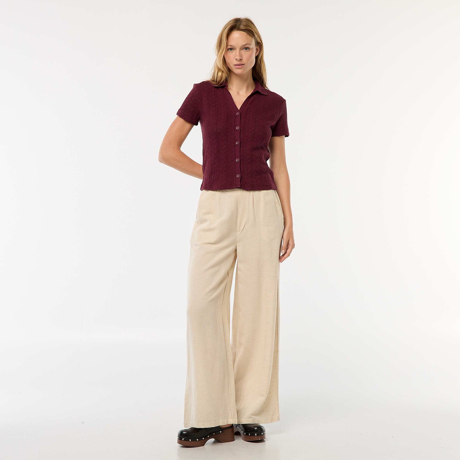 Tee-shirt col polo maille crochet BORDEAUX