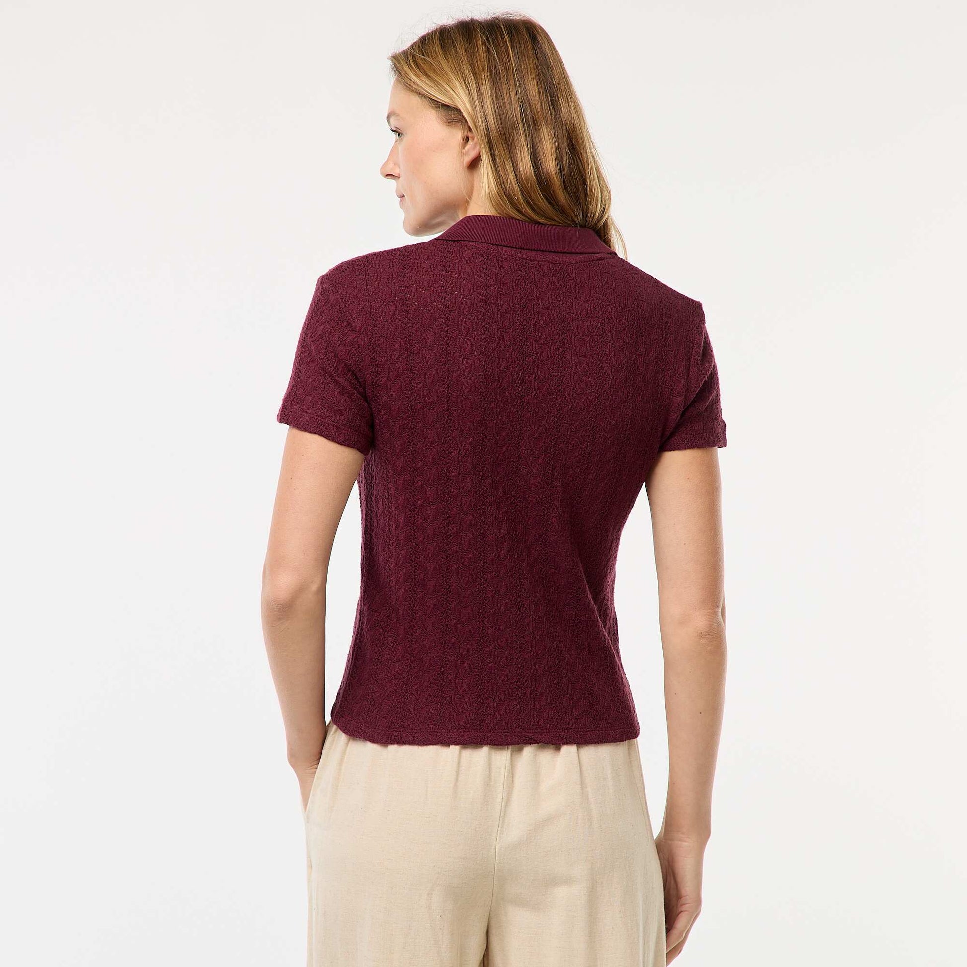 Tee-shirt col polo maille crochet BORDEAUX