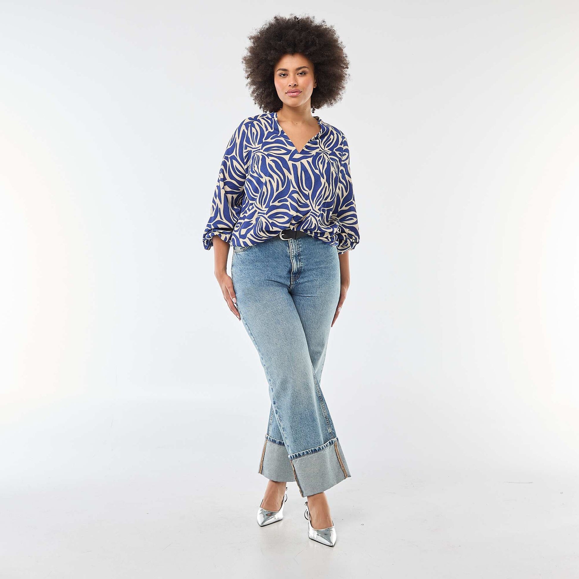 Blouse à col V avec motif allover BLEU