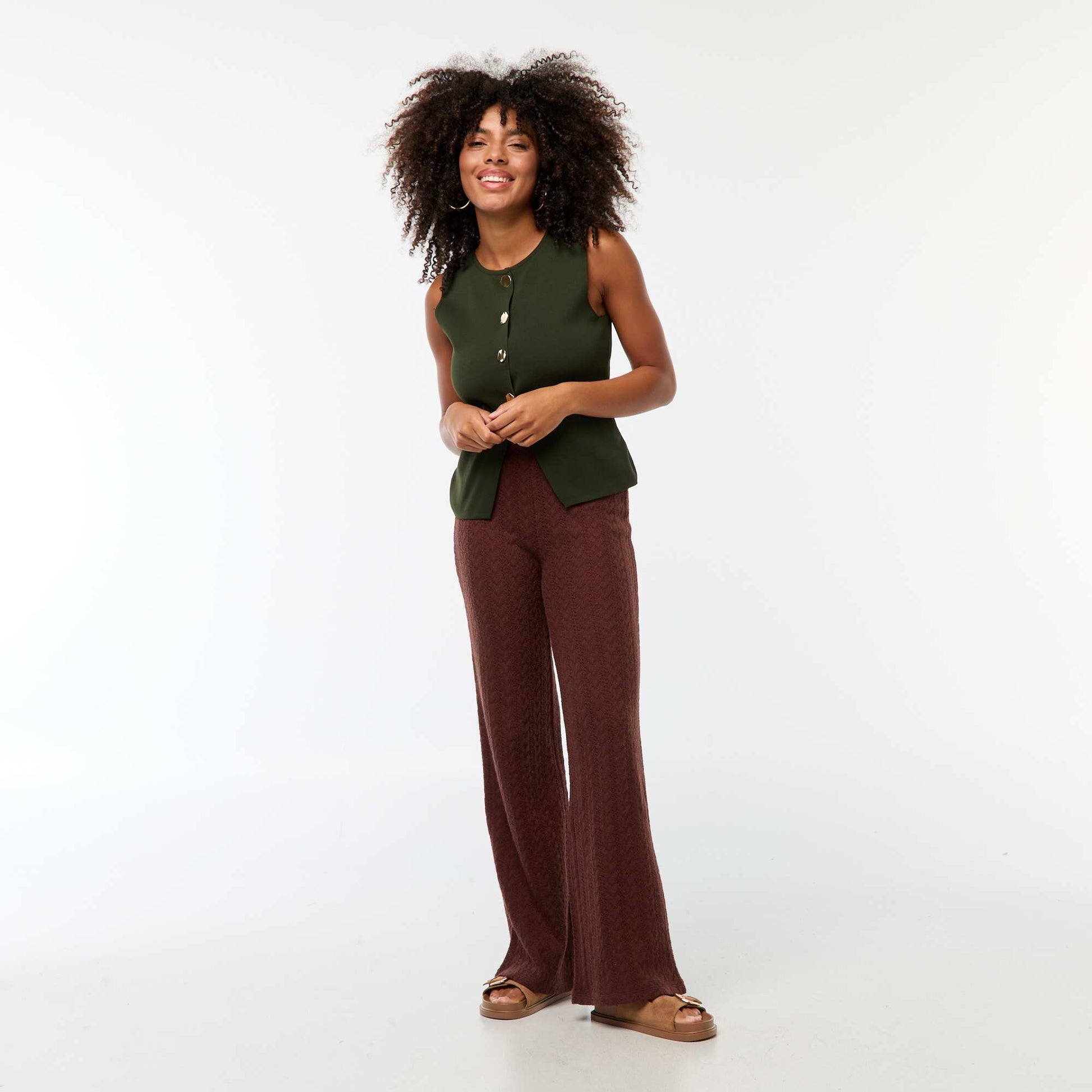 Pantalon large en maille crochet MARRON