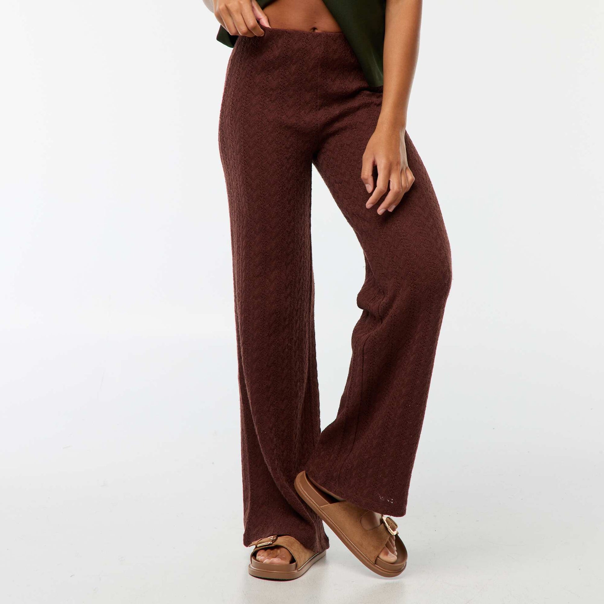 Pantalon large en maille crochet MARRON