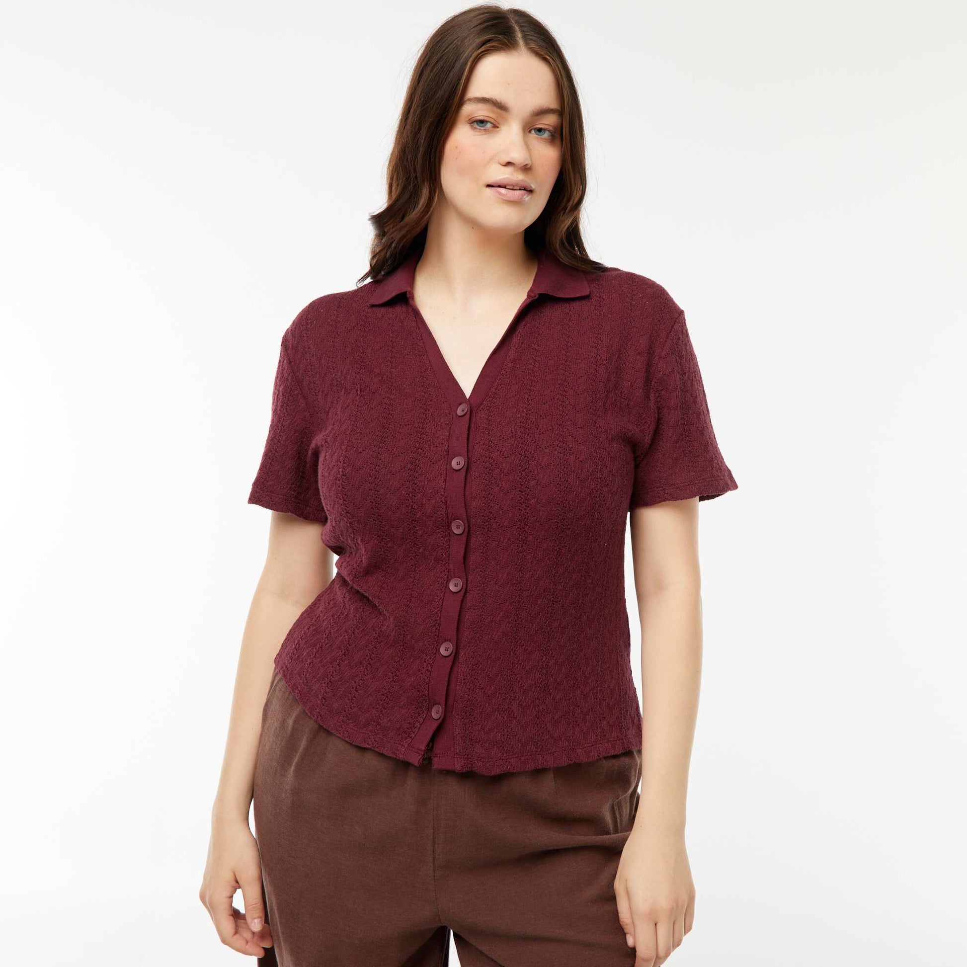 Tee-shirt style gilet en maille crochet ROUGE