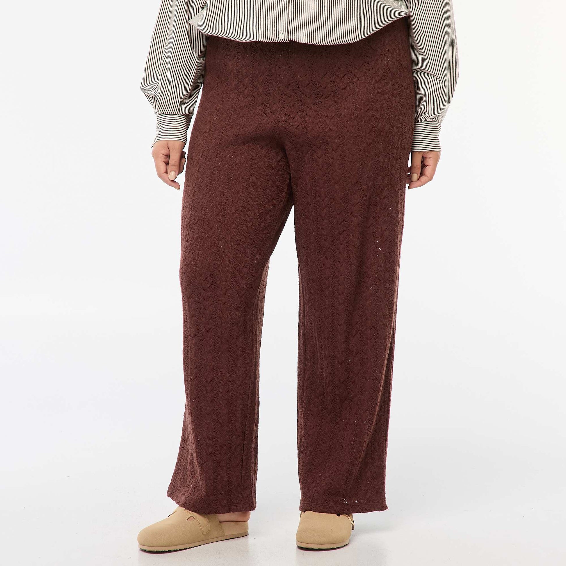 Pantalon large en maille ajourée MARRON